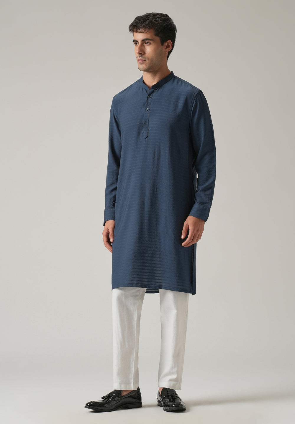 Blue Nylon Self Stripe Kurta