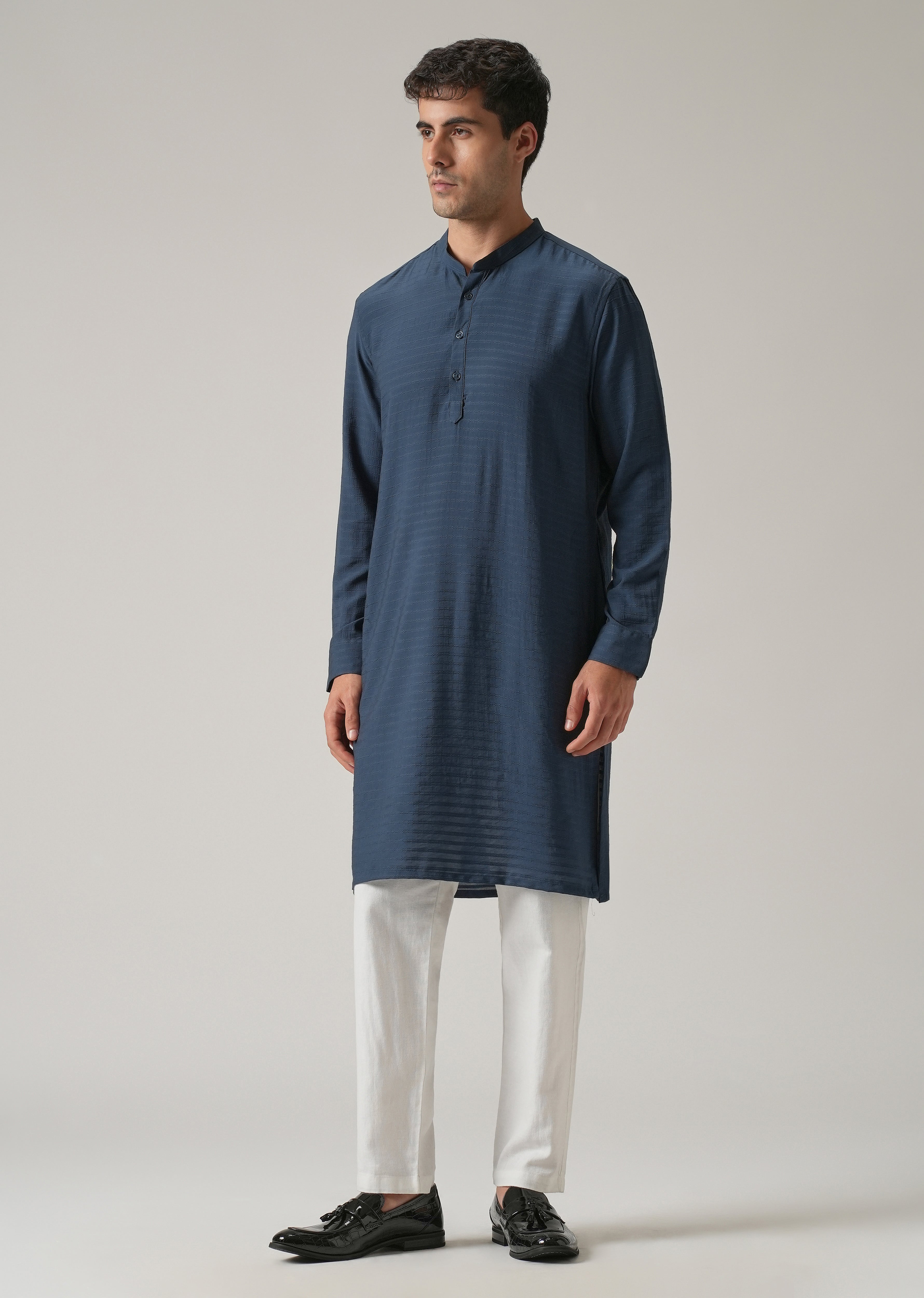 Blue Nylon Self Stripe Kurta