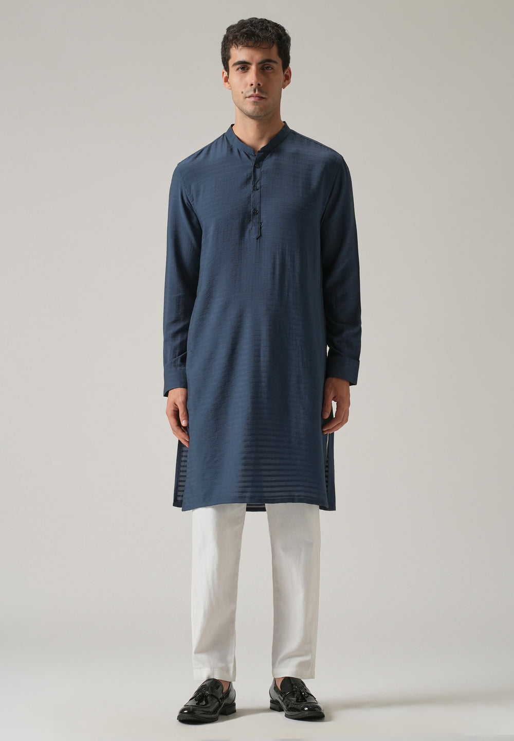 Blue Nylon Self Stripe Kurta