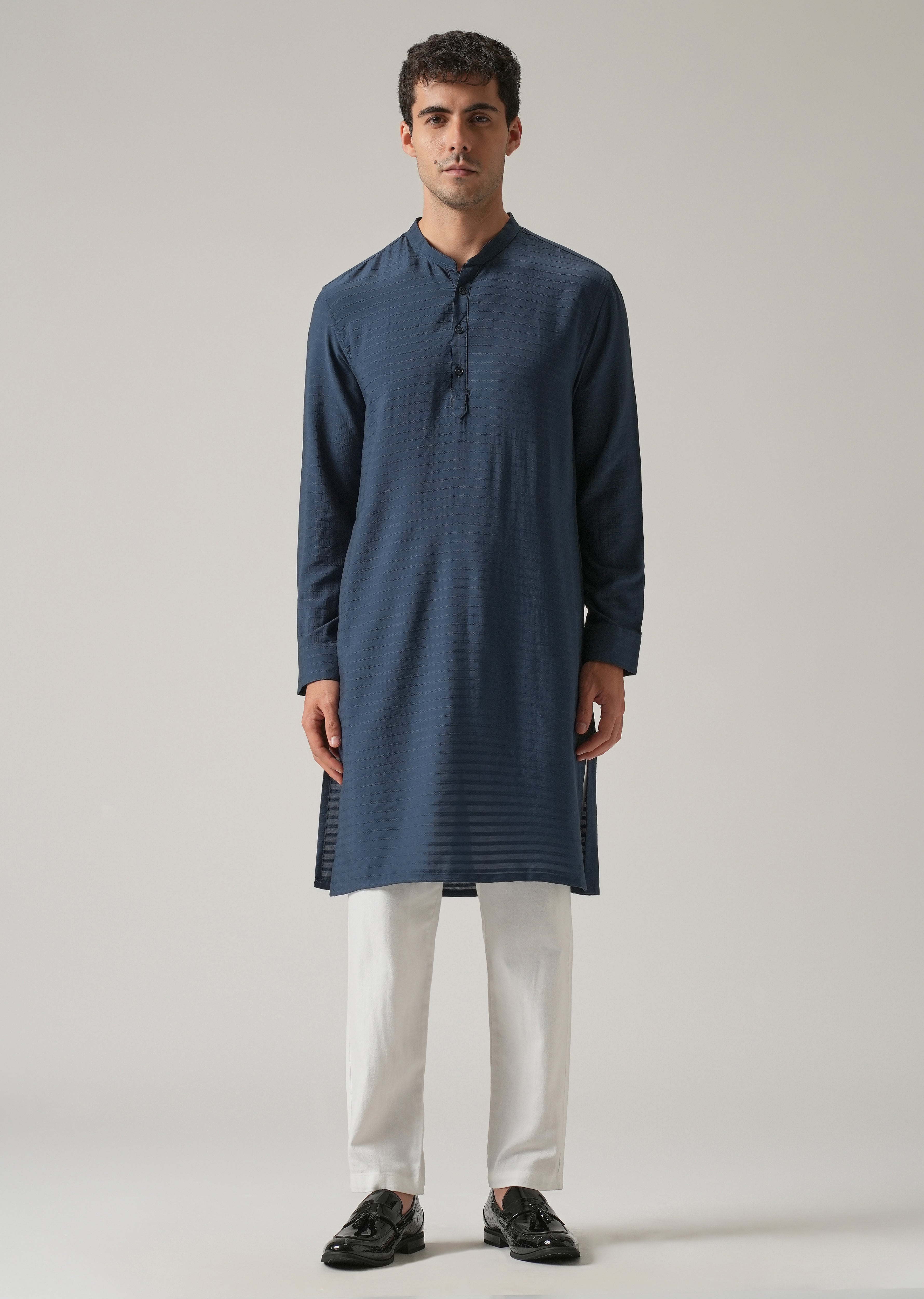 Blue Nylon Self Stripe Kurta