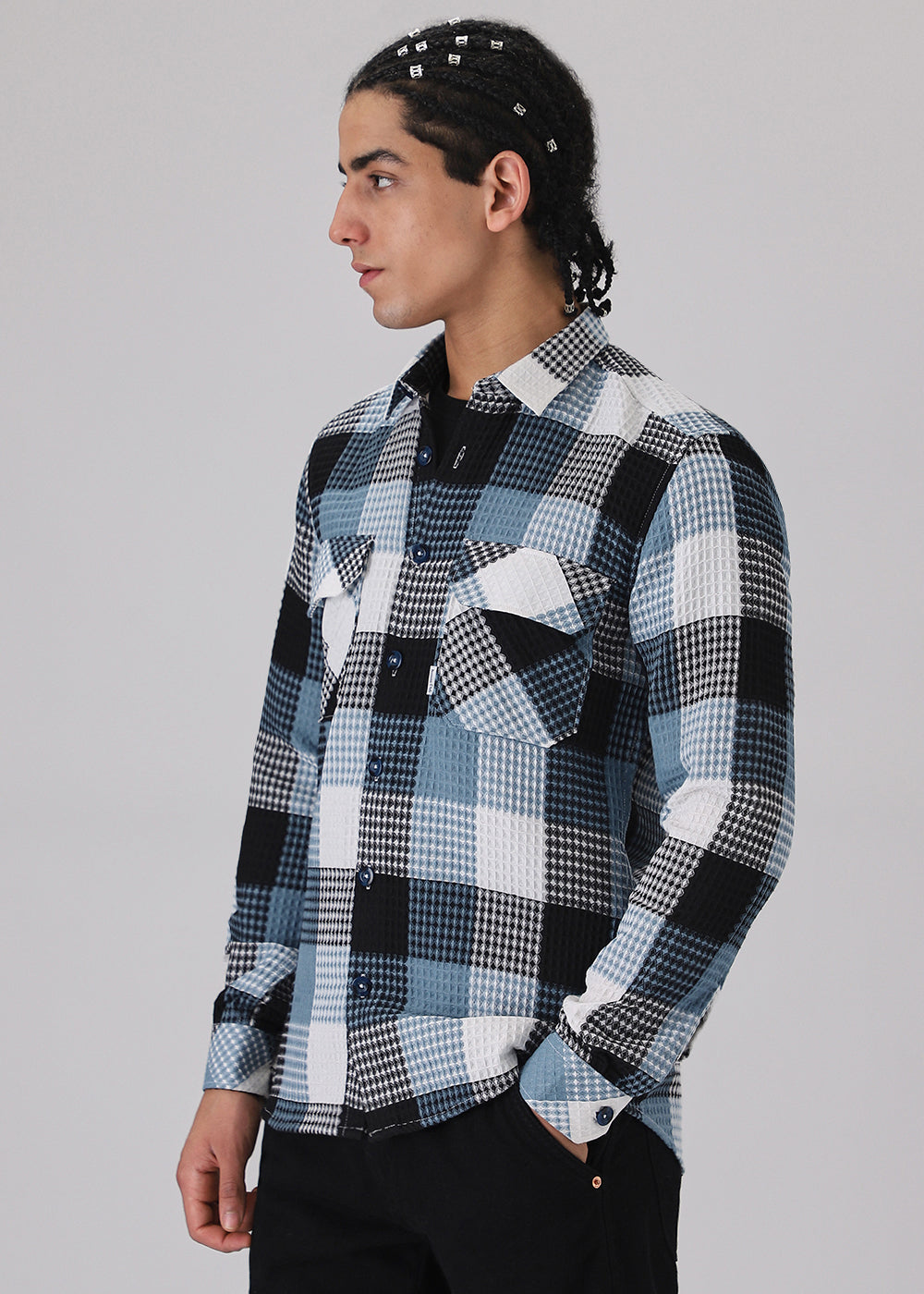 Blue Waffle Plaid Check Shirt