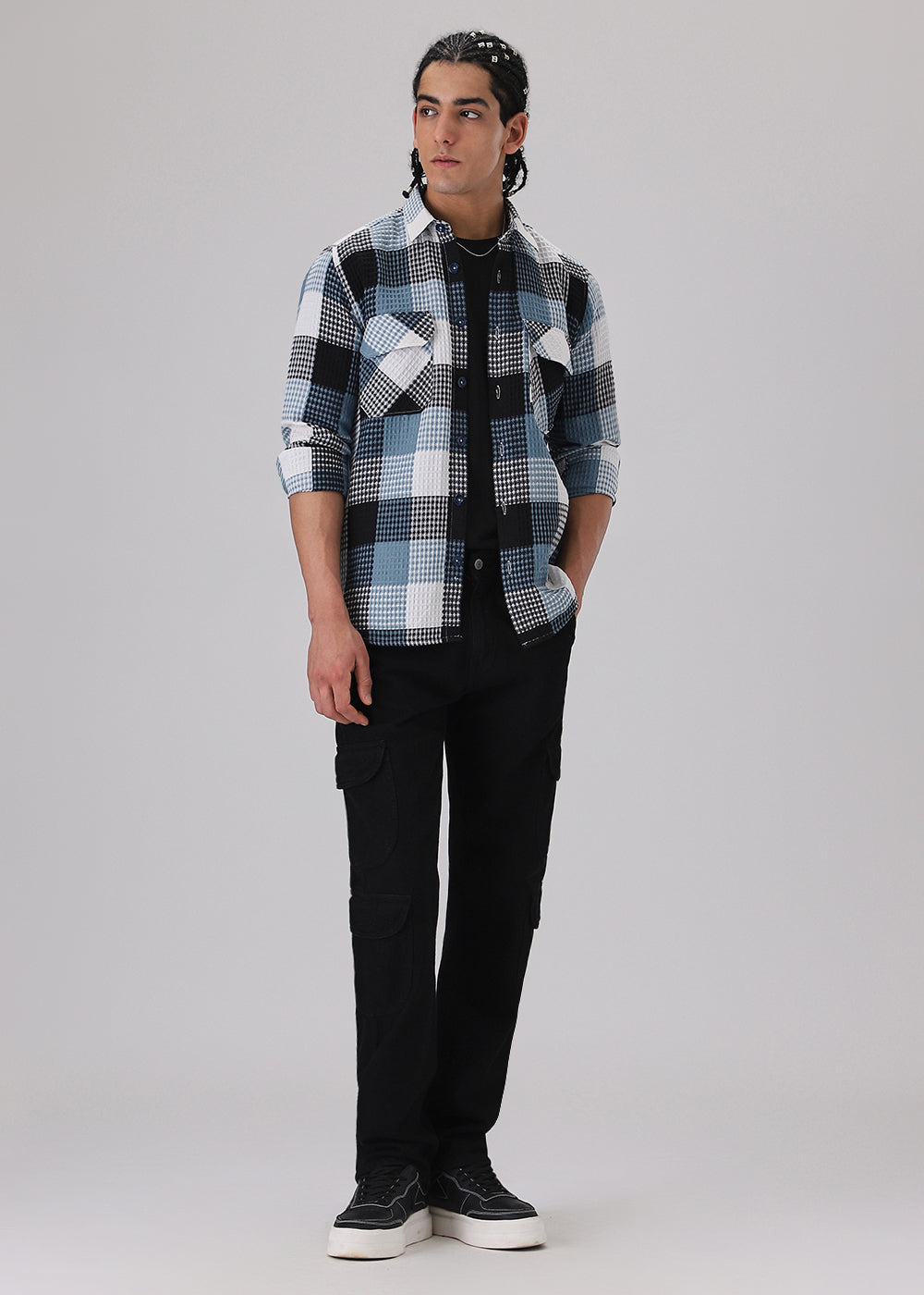 Blue Waffle Plaid Check Shirt