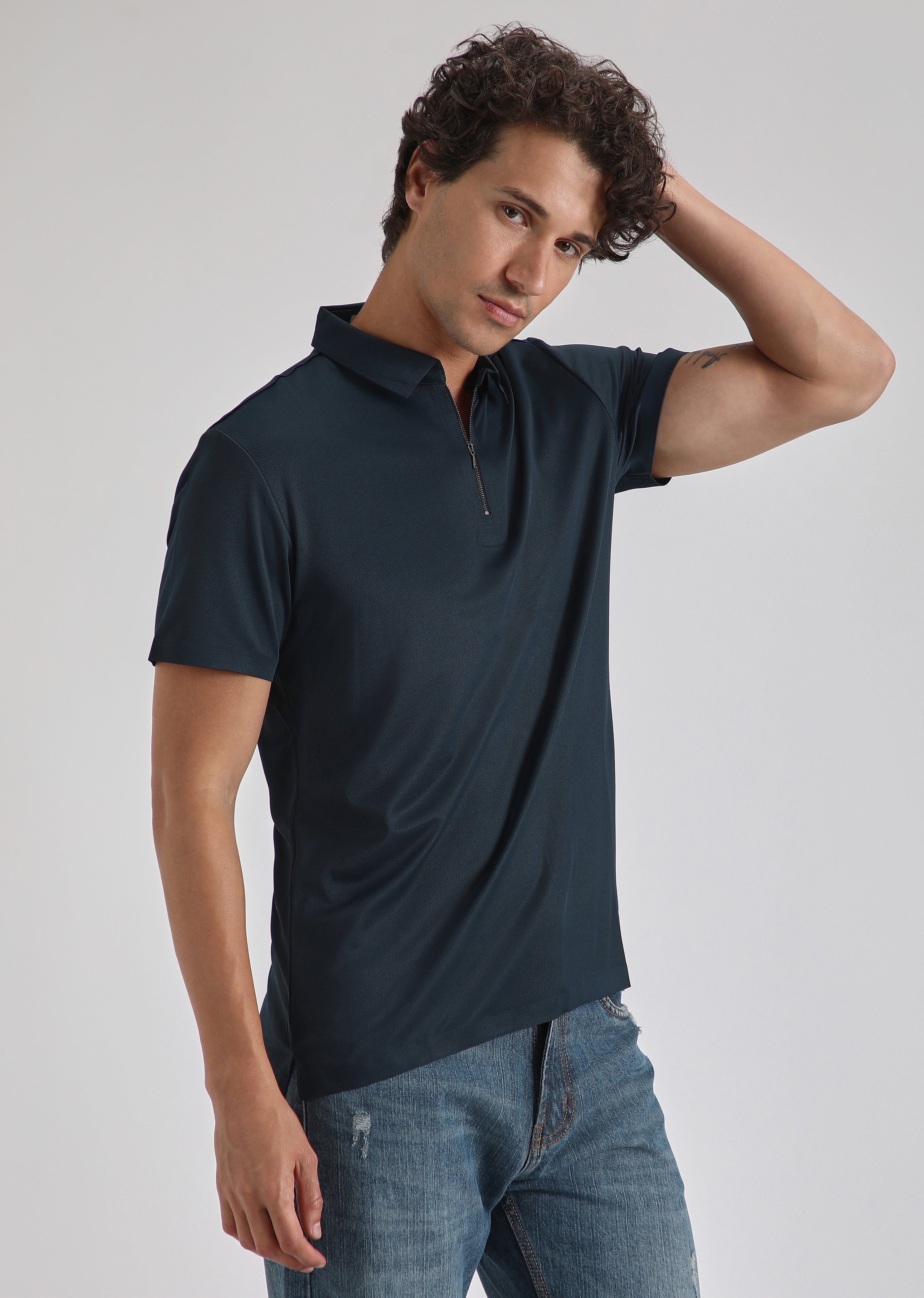 Blue Zipper Stitchless Polo T-shirt