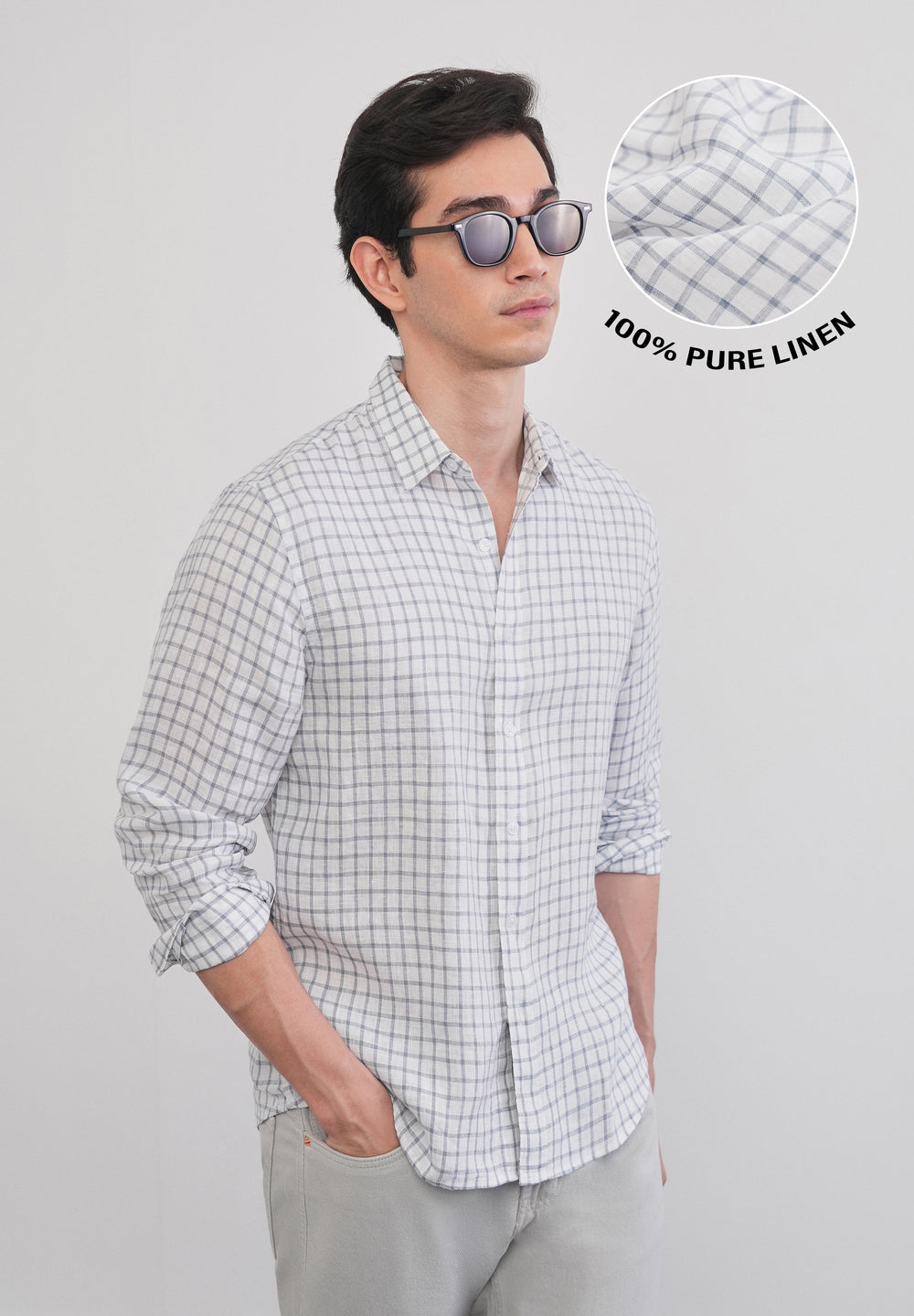 Blue 100% Pure Linen Check Shirt