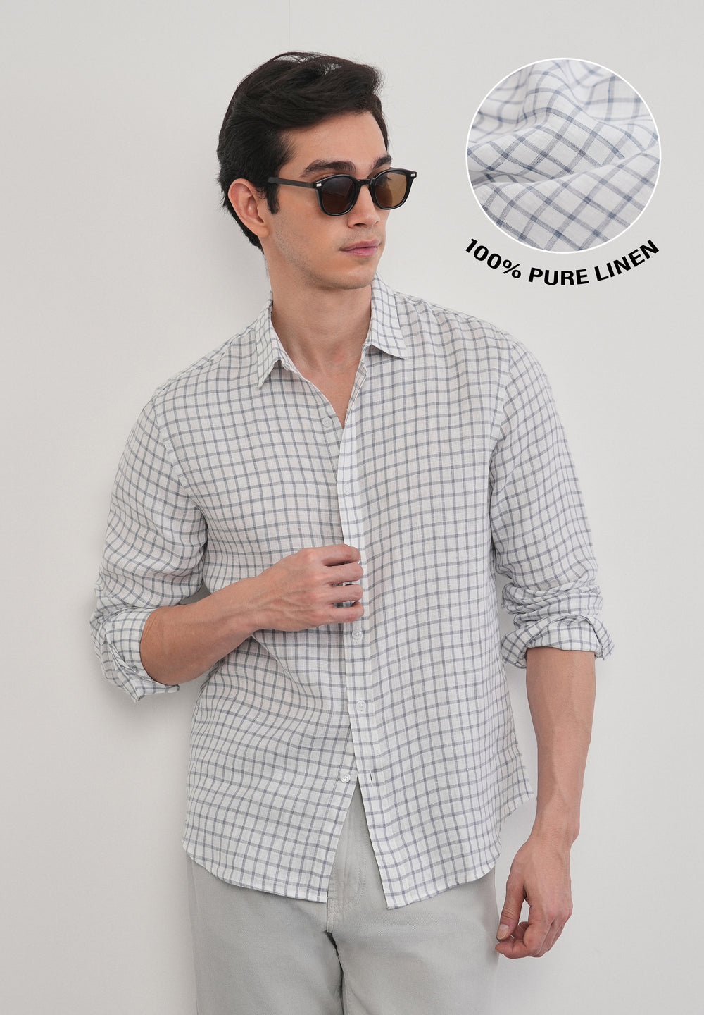 Blue 100% Pure Linen Check Shirt