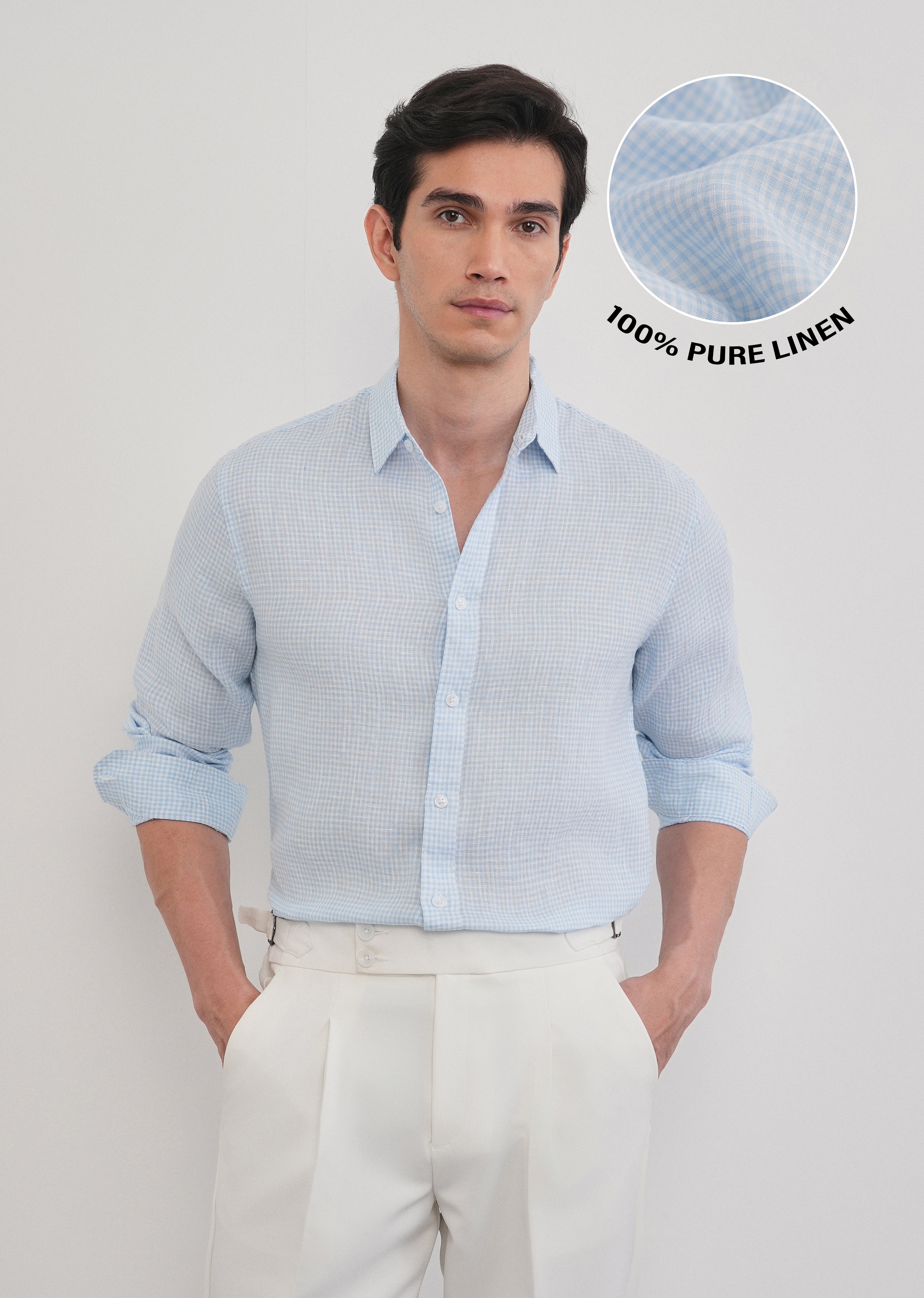 Blue 100% Pure Linen Gingham Check Shirt