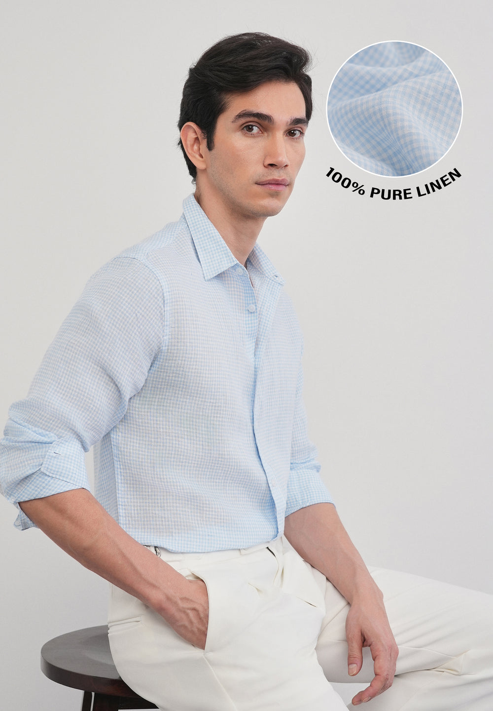 Blue 100% Pure Linen Gingham Check Shirt