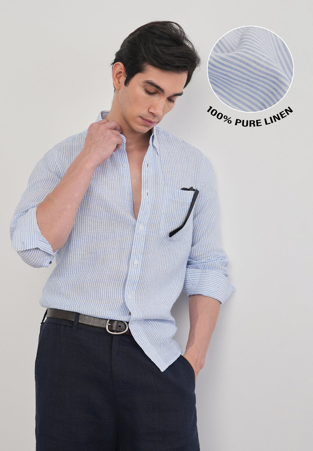 Blue 100% Pure Linen Stripe Shirt