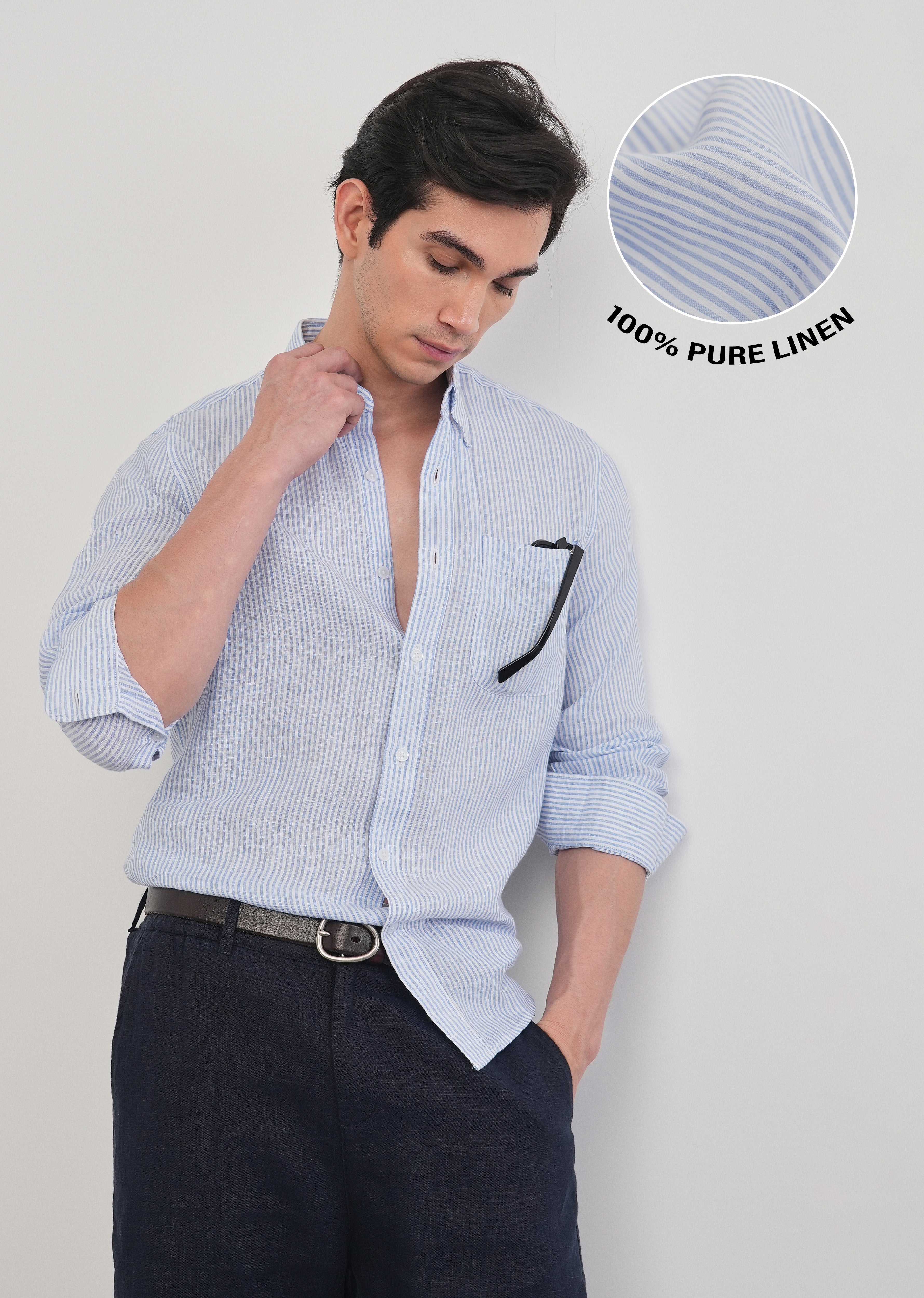 Blue 100% Pure Linen Stripe Shirt