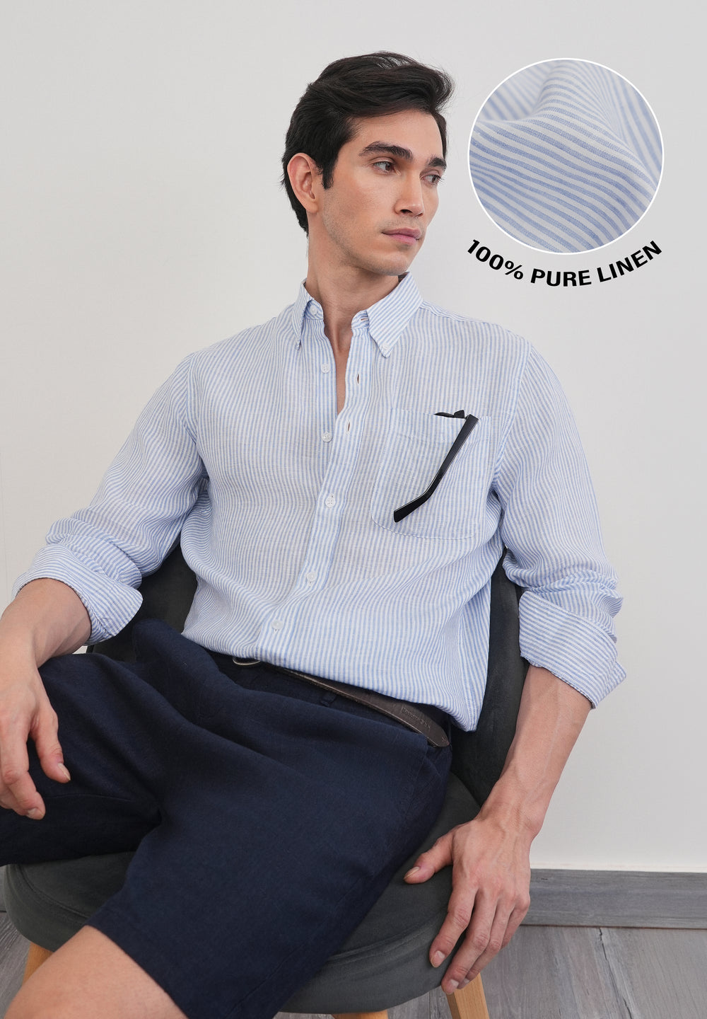 Blue 100% Pure Linen Stripe Shirt