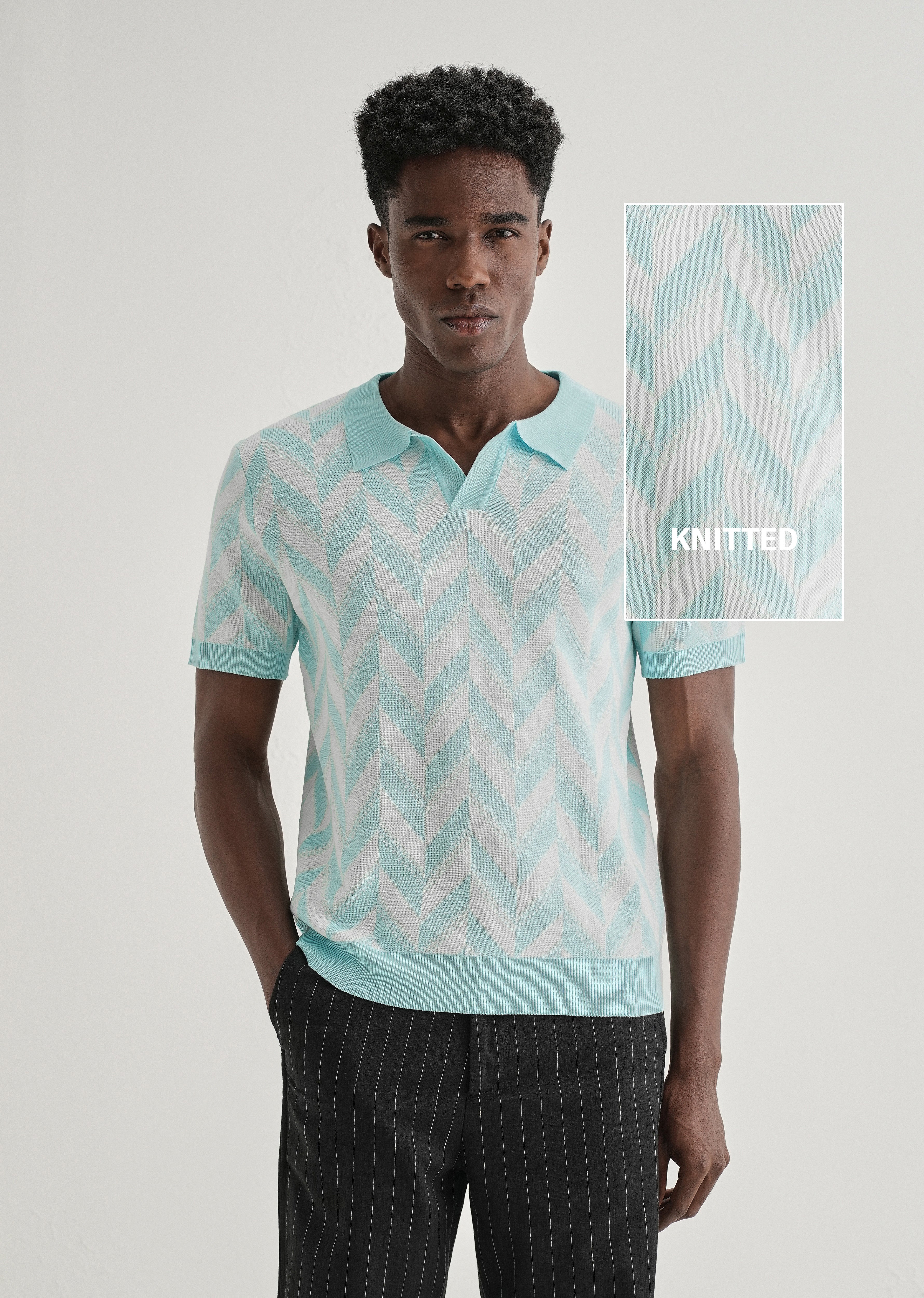 Blue Chevron Knitted Polo T-shirt