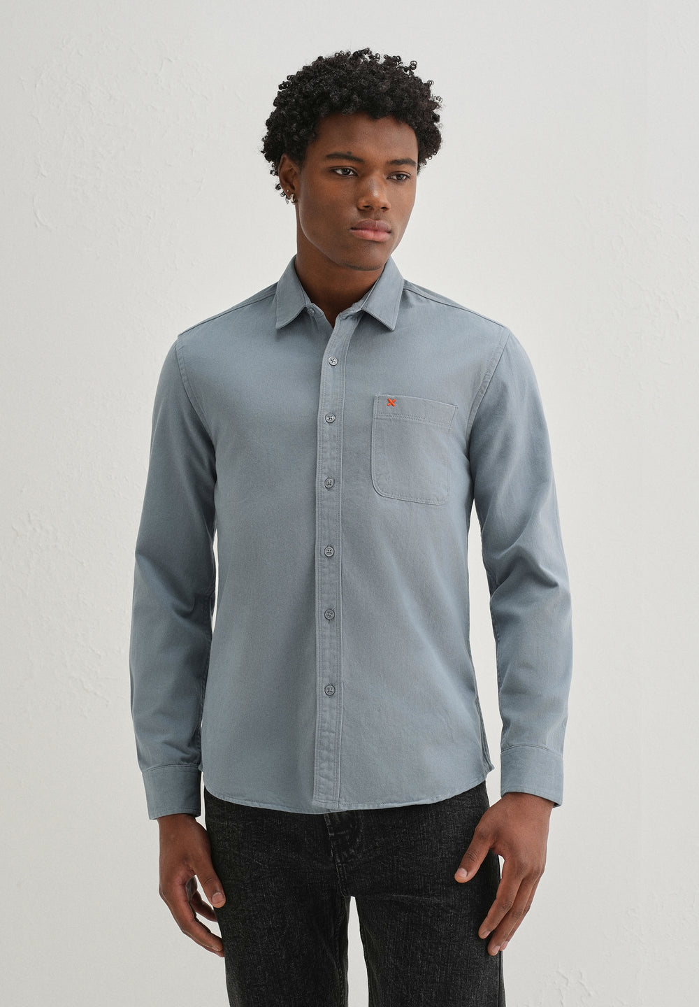 Blue Plain Cotton Single Pocket Shirt