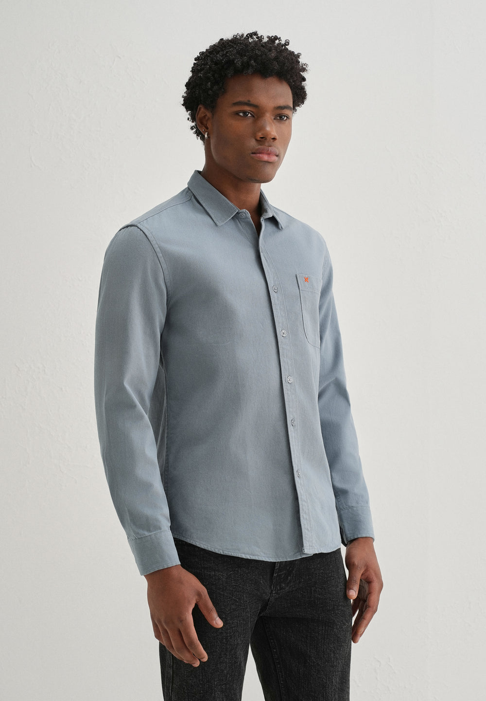 Blue Plain Cotton Single Pocket Shirt