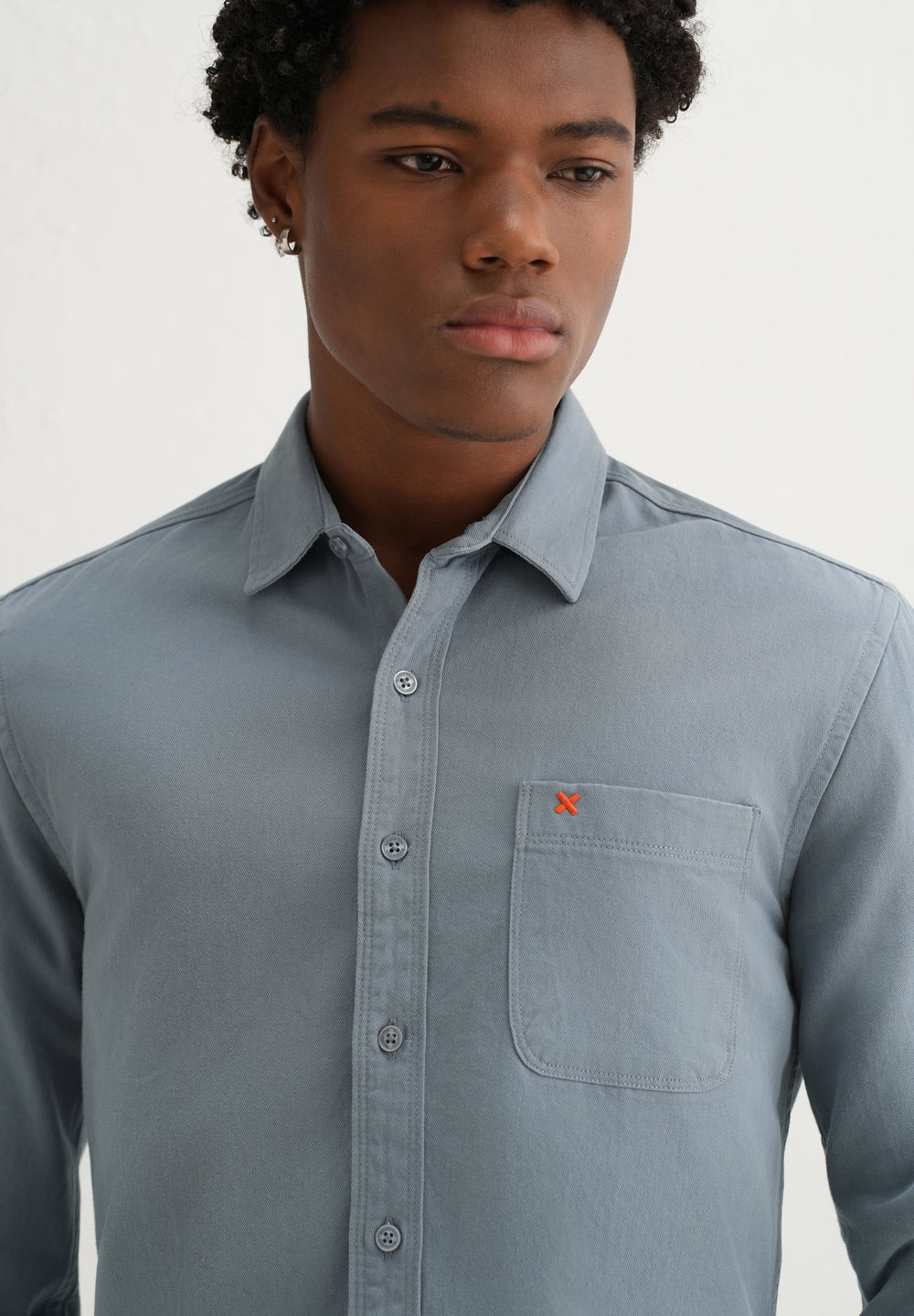 Blue Plain Cotton Single Pocket Shirt