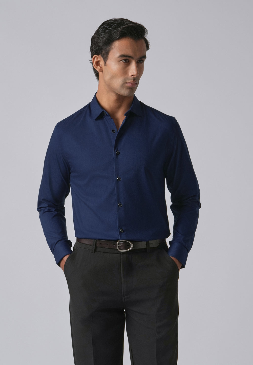 Blue Cotton Stretch Plain Shirt