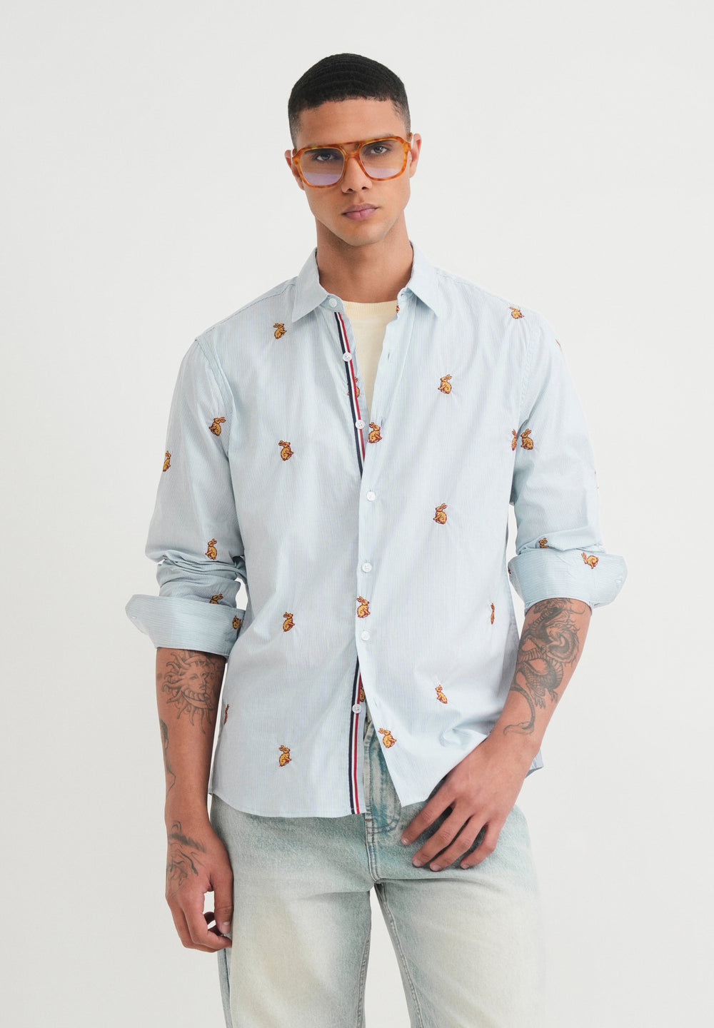 Blue Embroidered Cotton Stripe Shirt