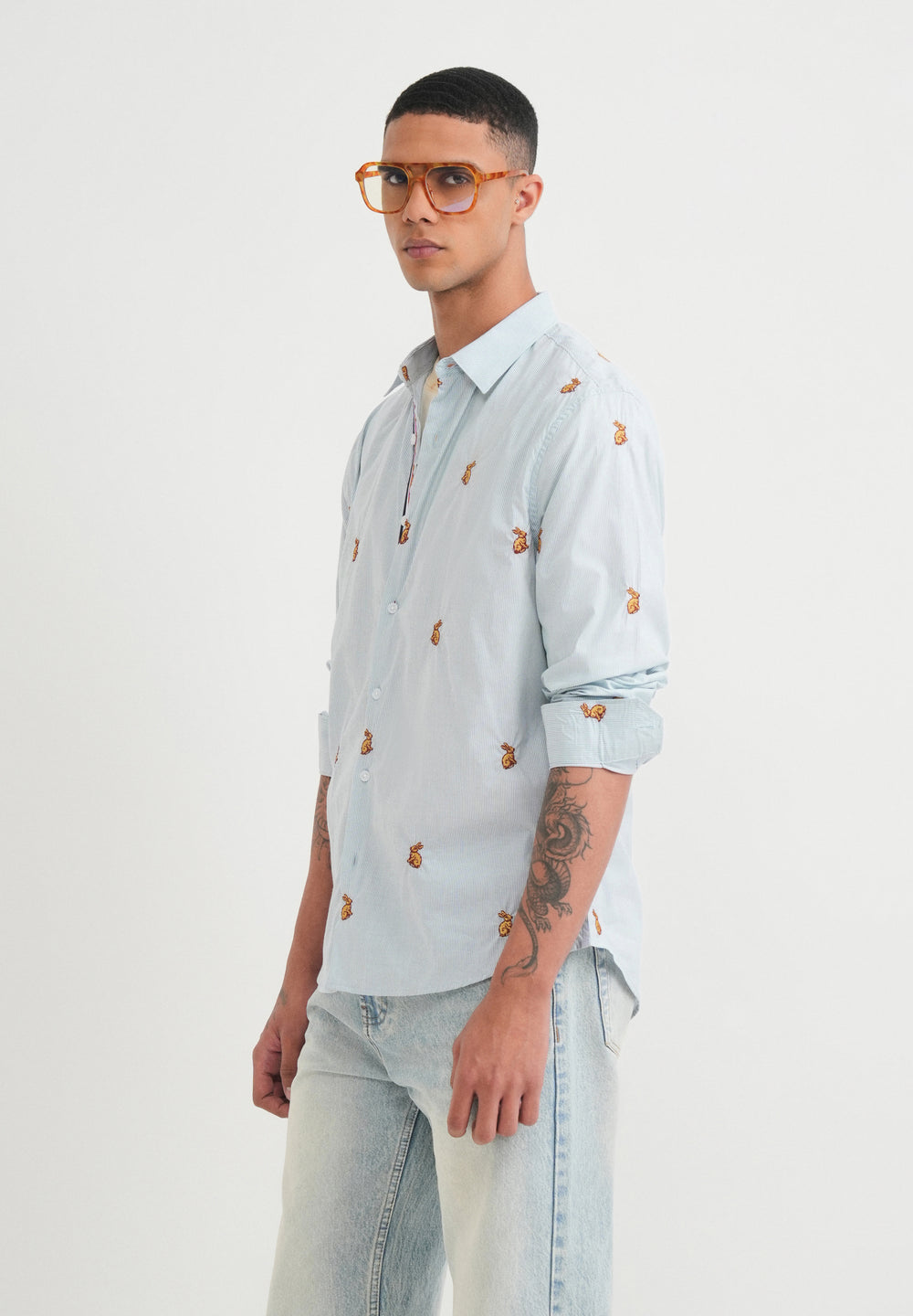 Blue Embroidered Cotton Stripe Shirt