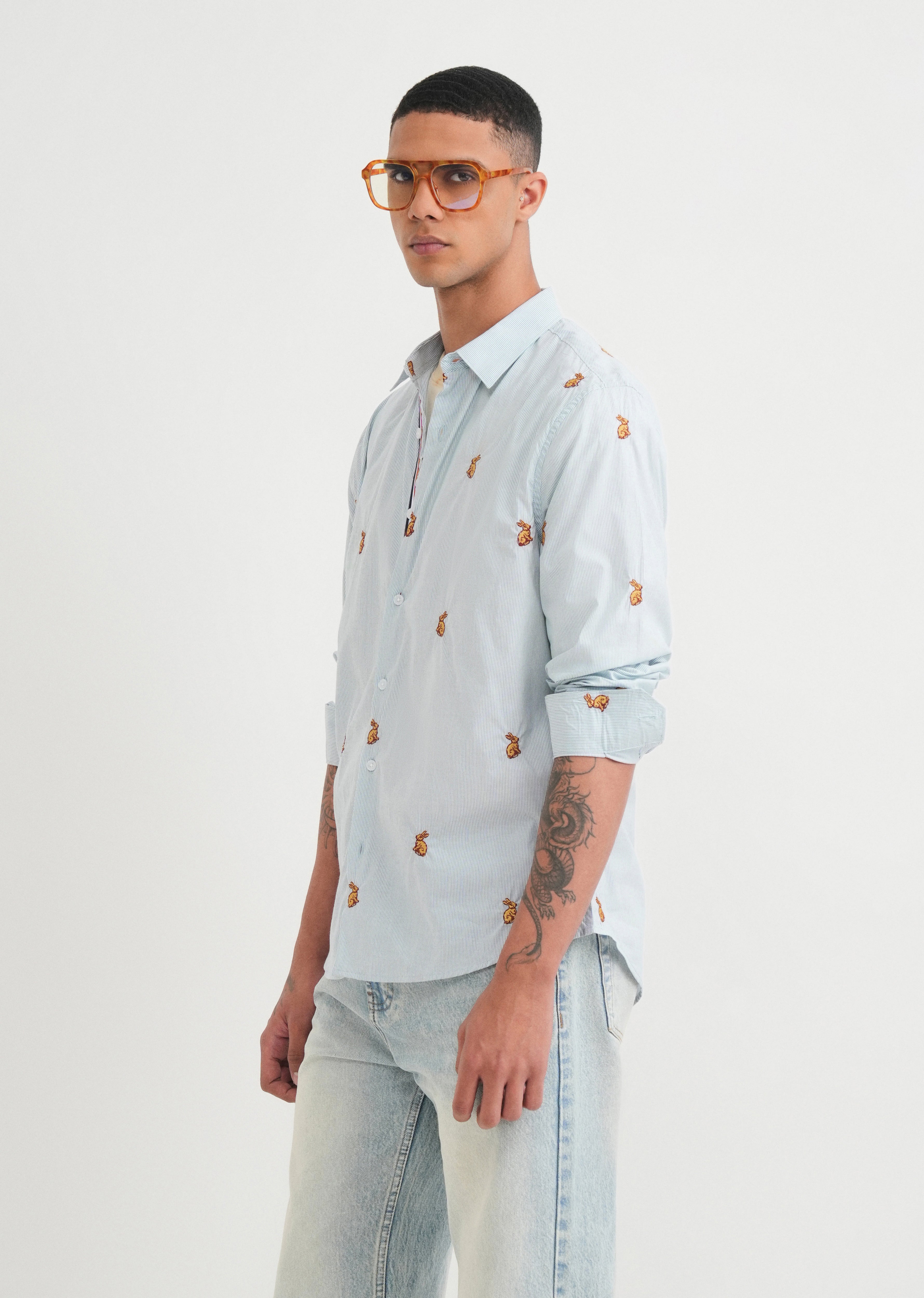 Blue Embroidered Cotton Stripe Shirt
