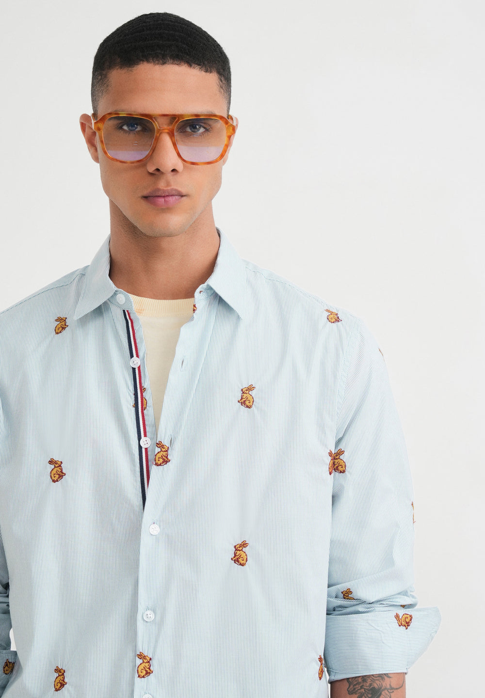 Blue Embroidered Cotton Stripe Shirt