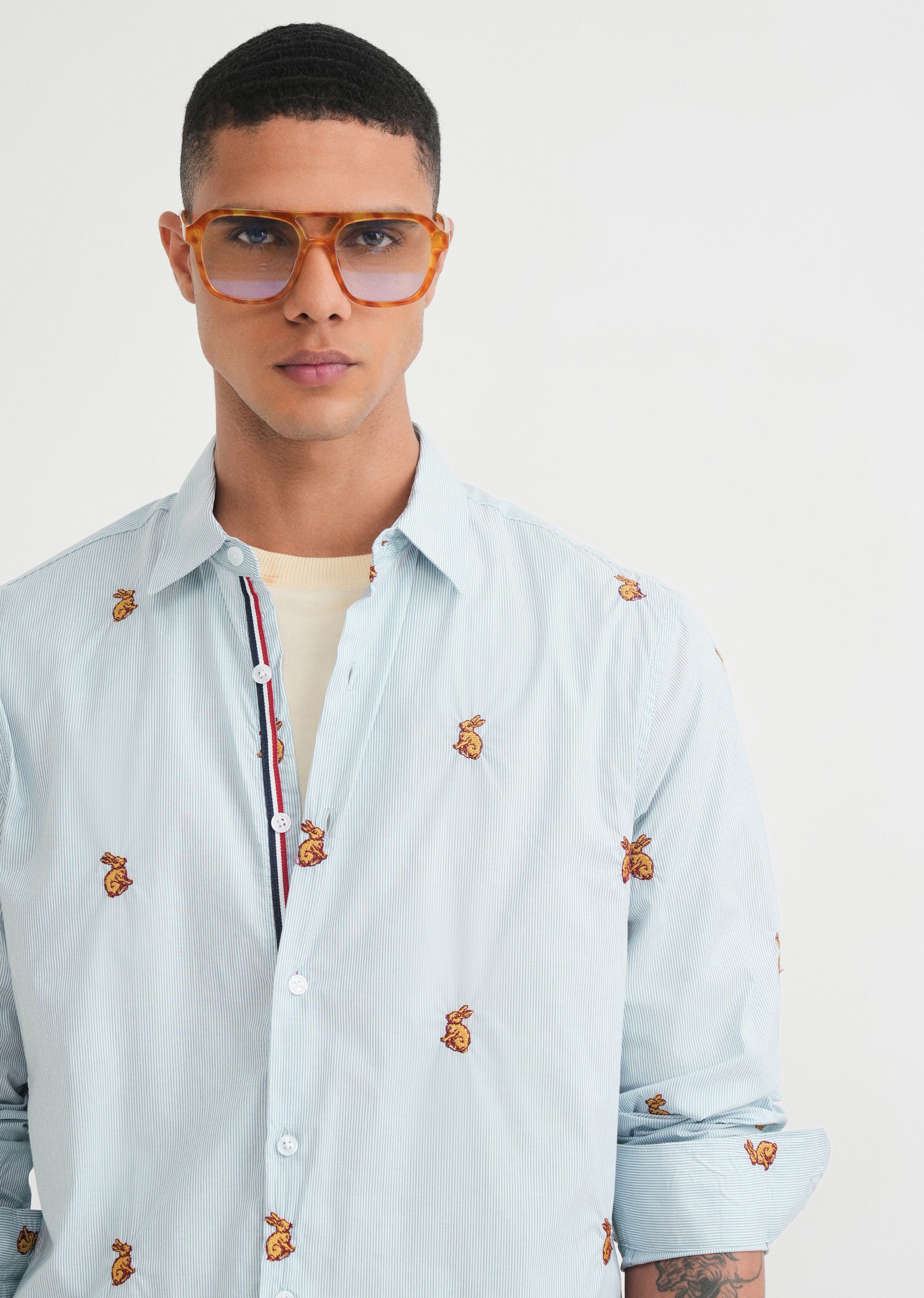Blue Embroidered Cotton Stripe Shirt