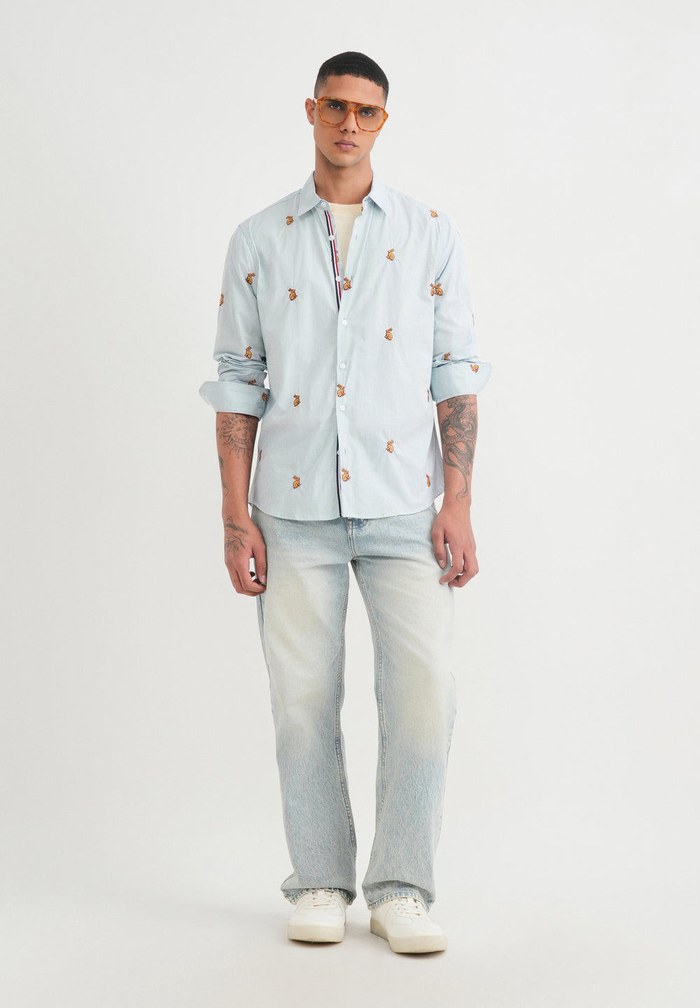 Blue Embroidered Cotton Stripe Shirt