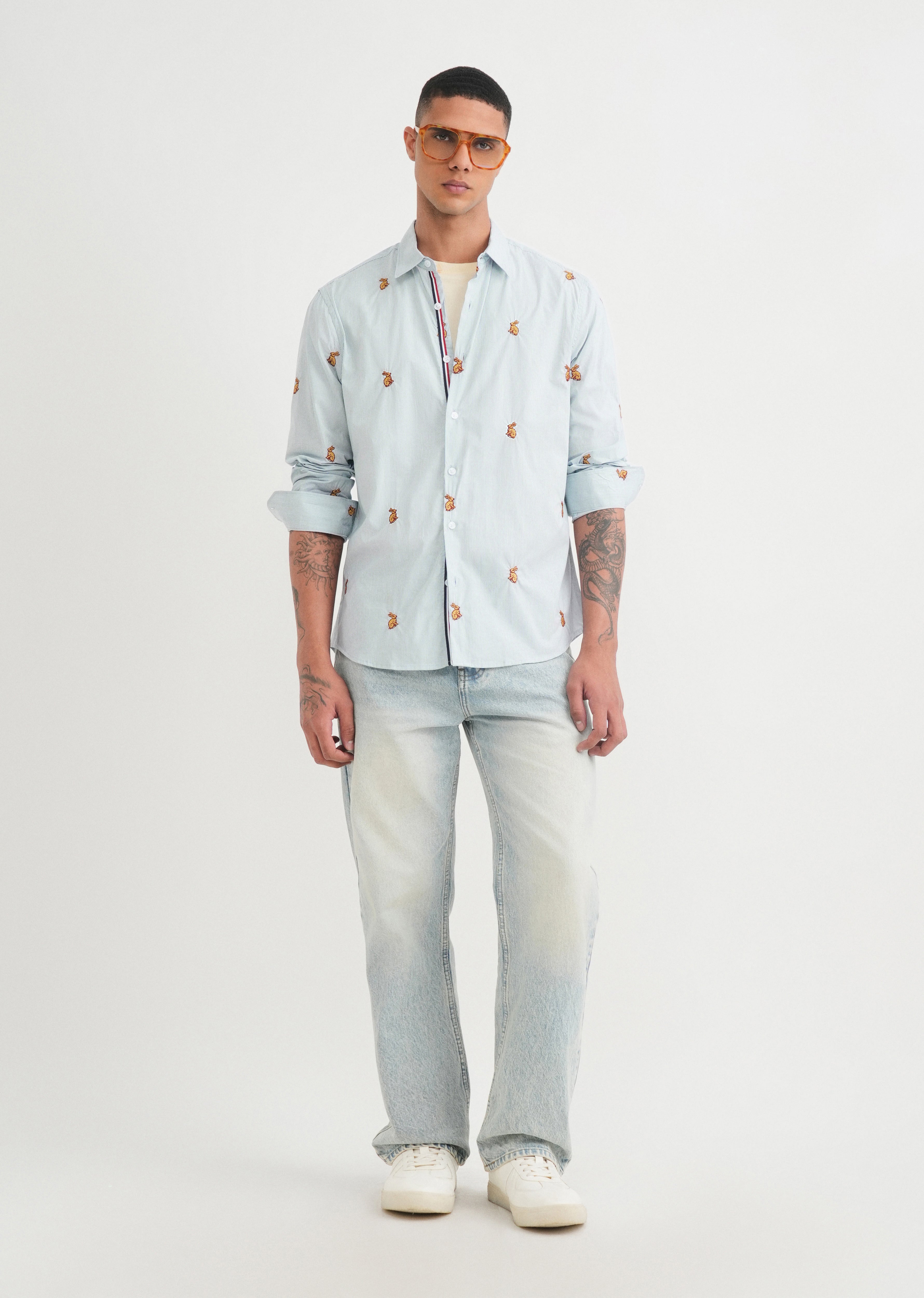Blue Embroidered Cotton Stripe Shirt
