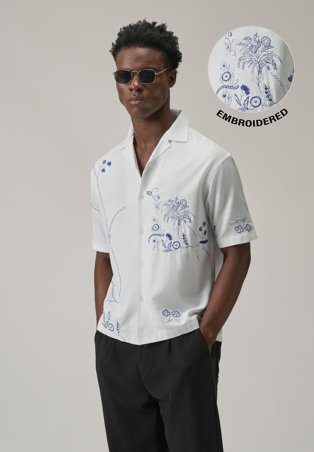 Blue Floral Embroidery Linen Shirt