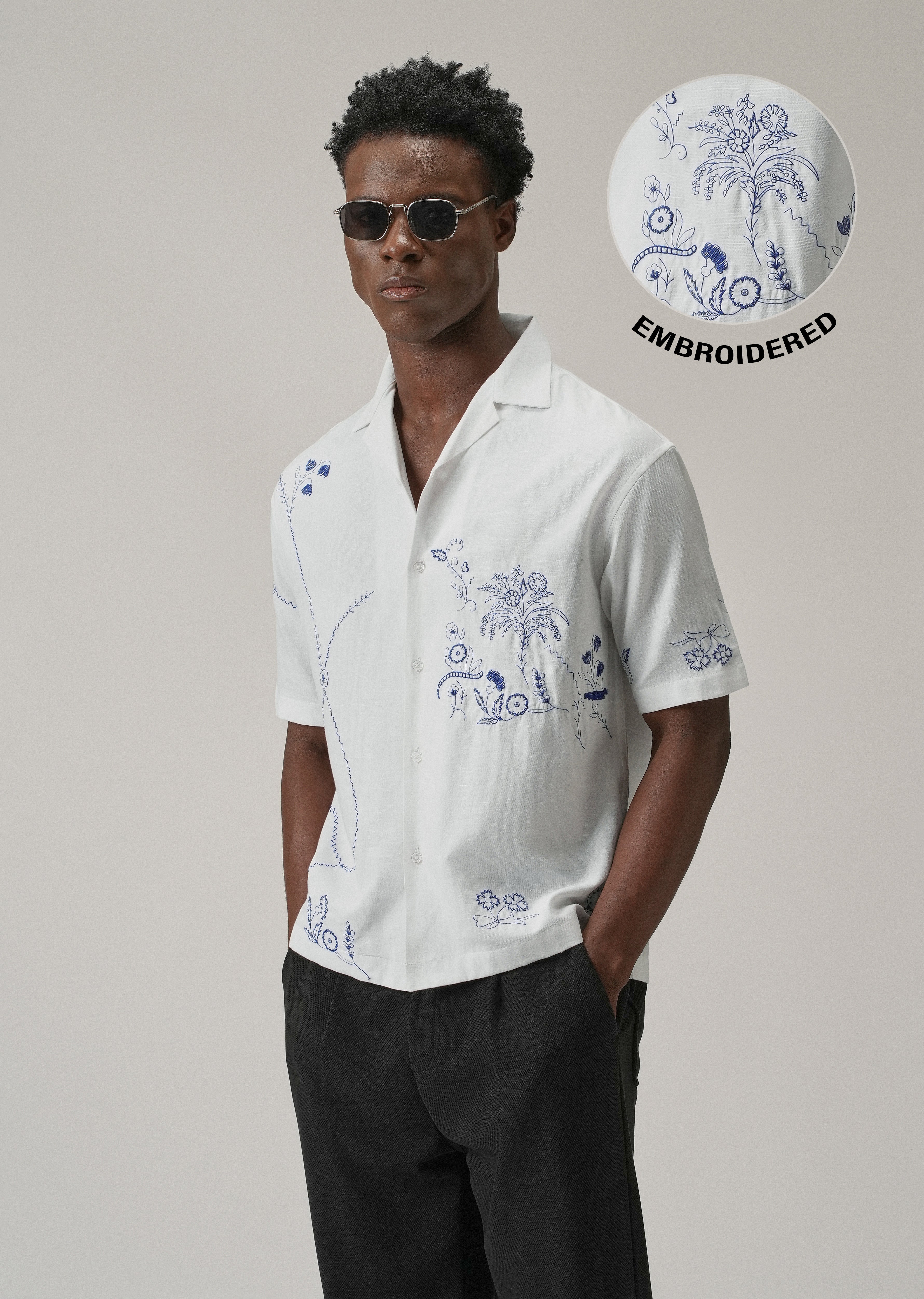 Blue Floral Embroidery Linen Shirt