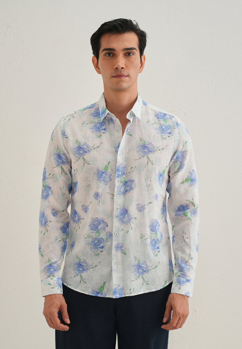 Blue Floral Printed Cotton Linen Shirt