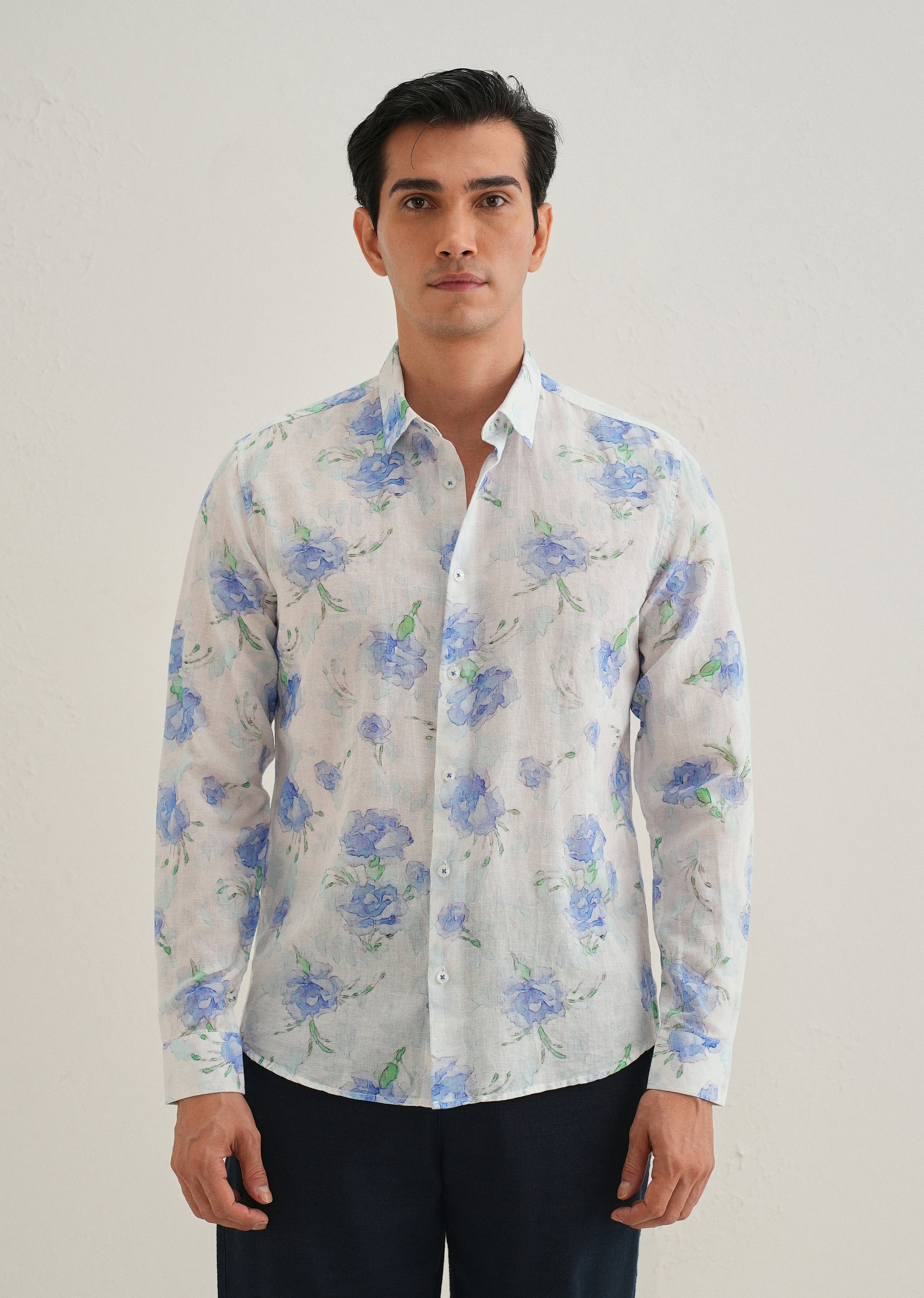 Blue Floral Printed Cotton Linen Shirt