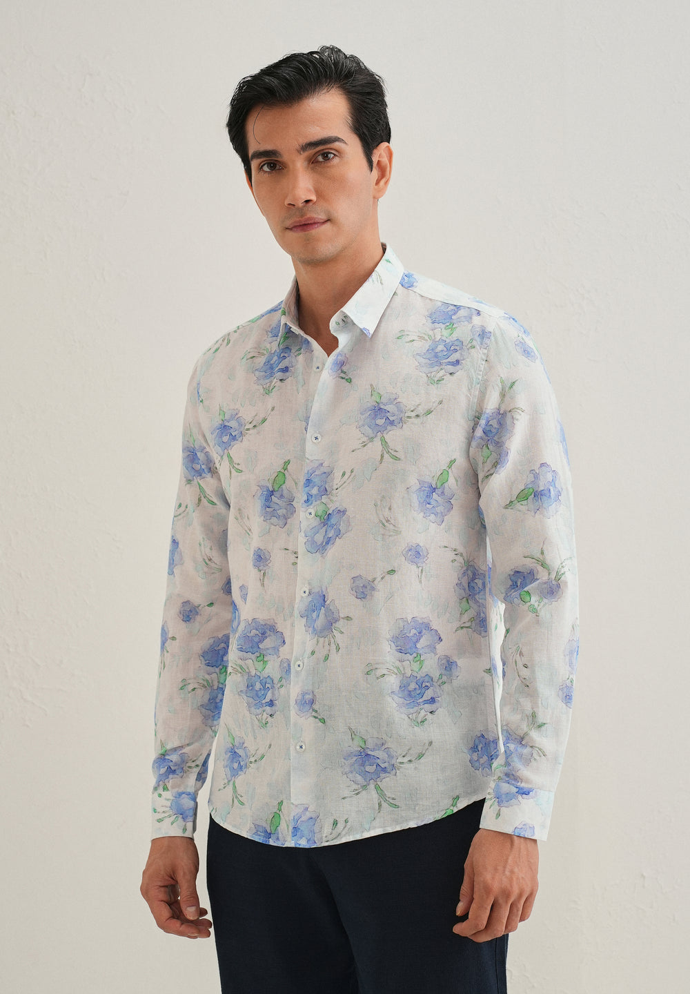 Blue Floral Printed Cotton Linen Shirt