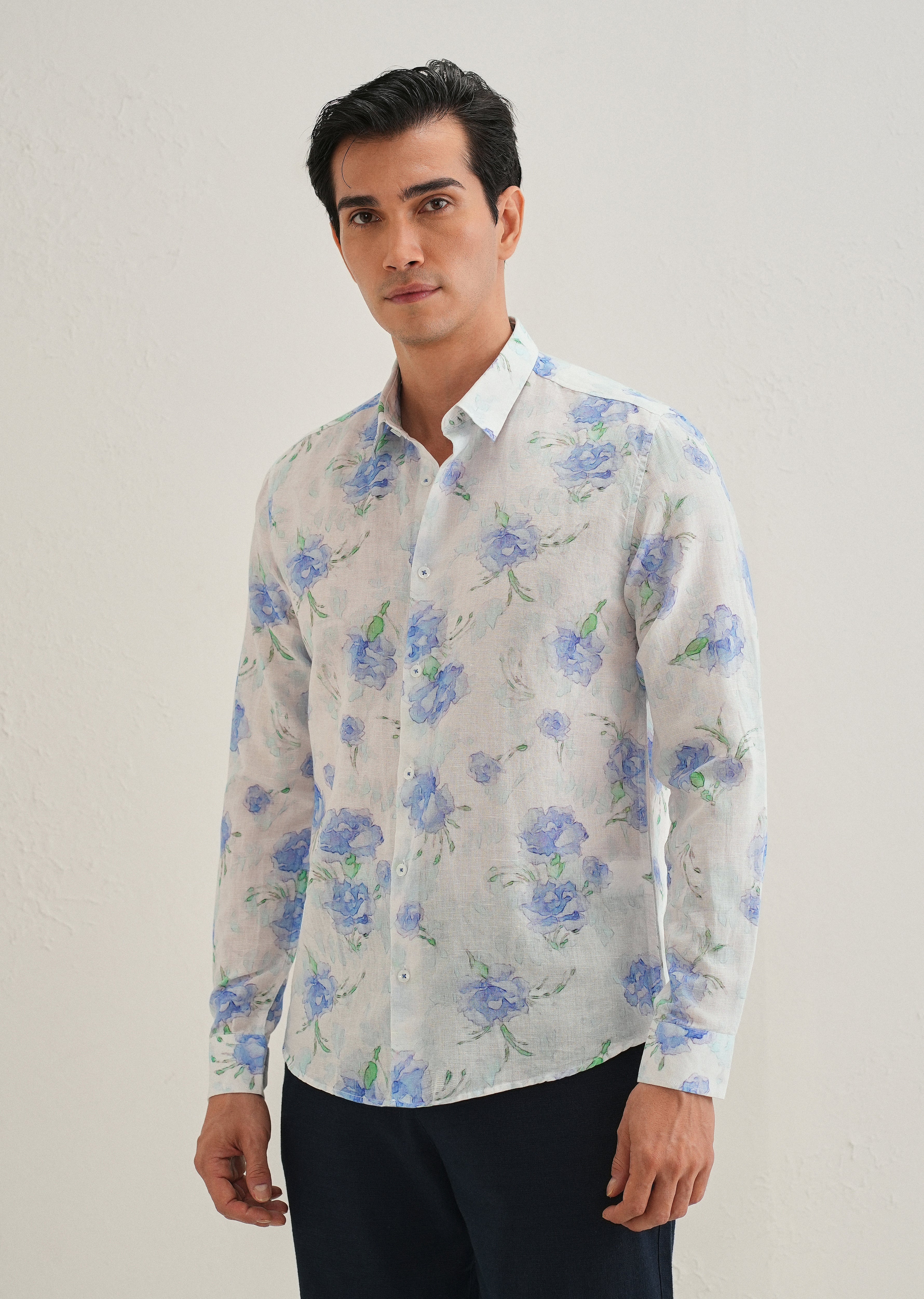 Blue Floral Printed Cotton Linen Shirt