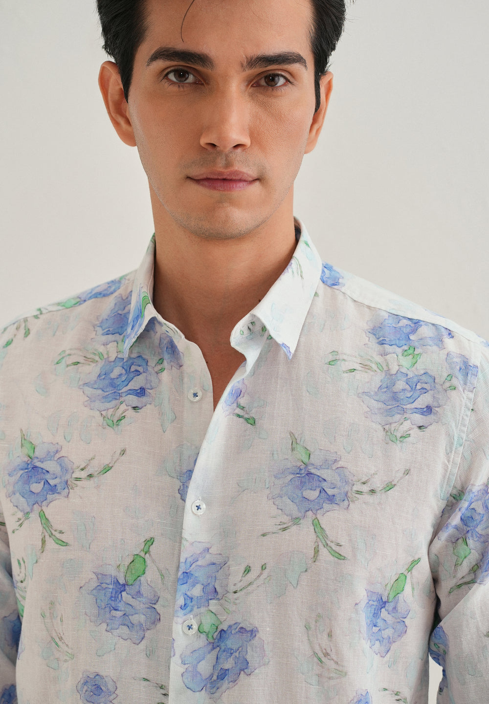 Blue Floral Printed Cotton Linen Shirt