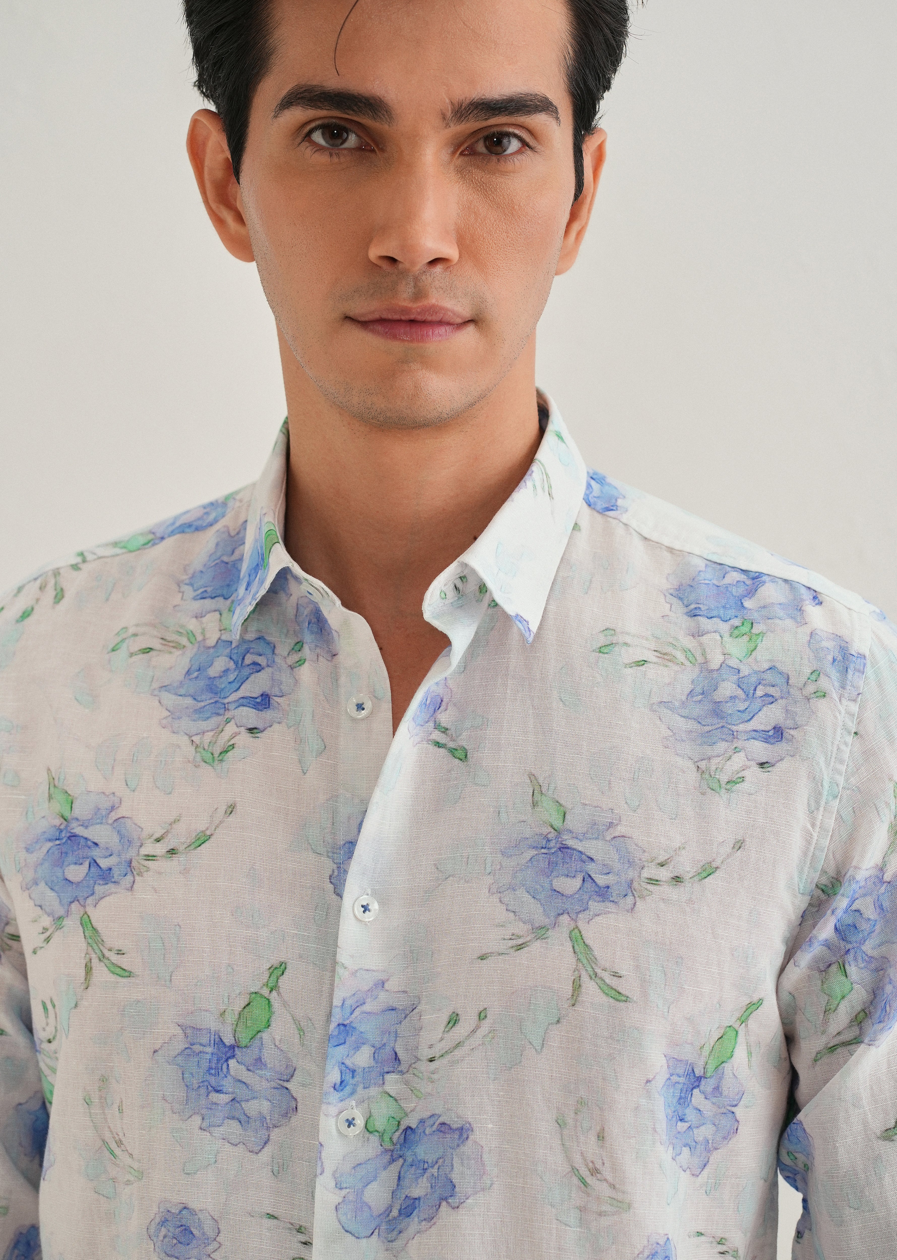 Blue Floral Printed Cotton Linen Shirt