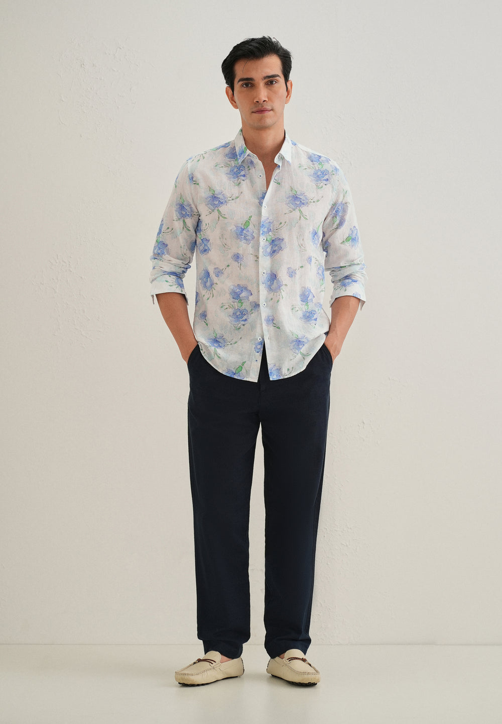Blue Floral Printed Cotton Linen Shirt