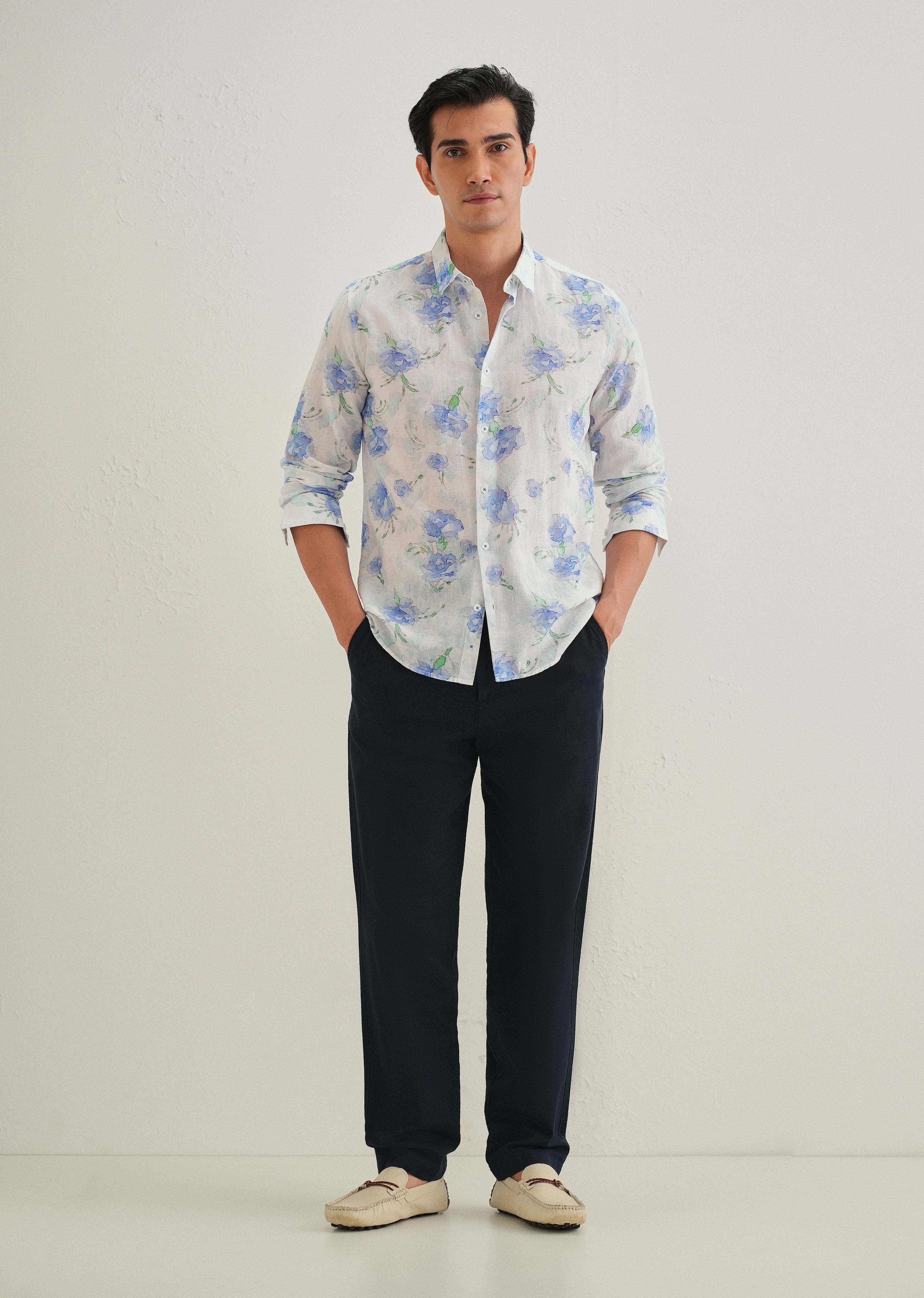 Blue Floral Printed Cotton Linen Shirt