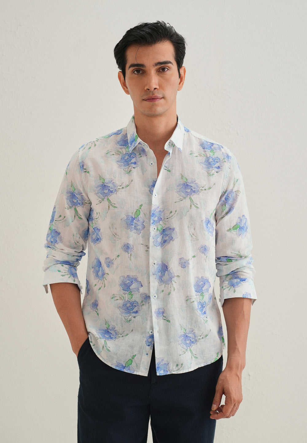 Blue Floral Printed Cotton Linen Shirt