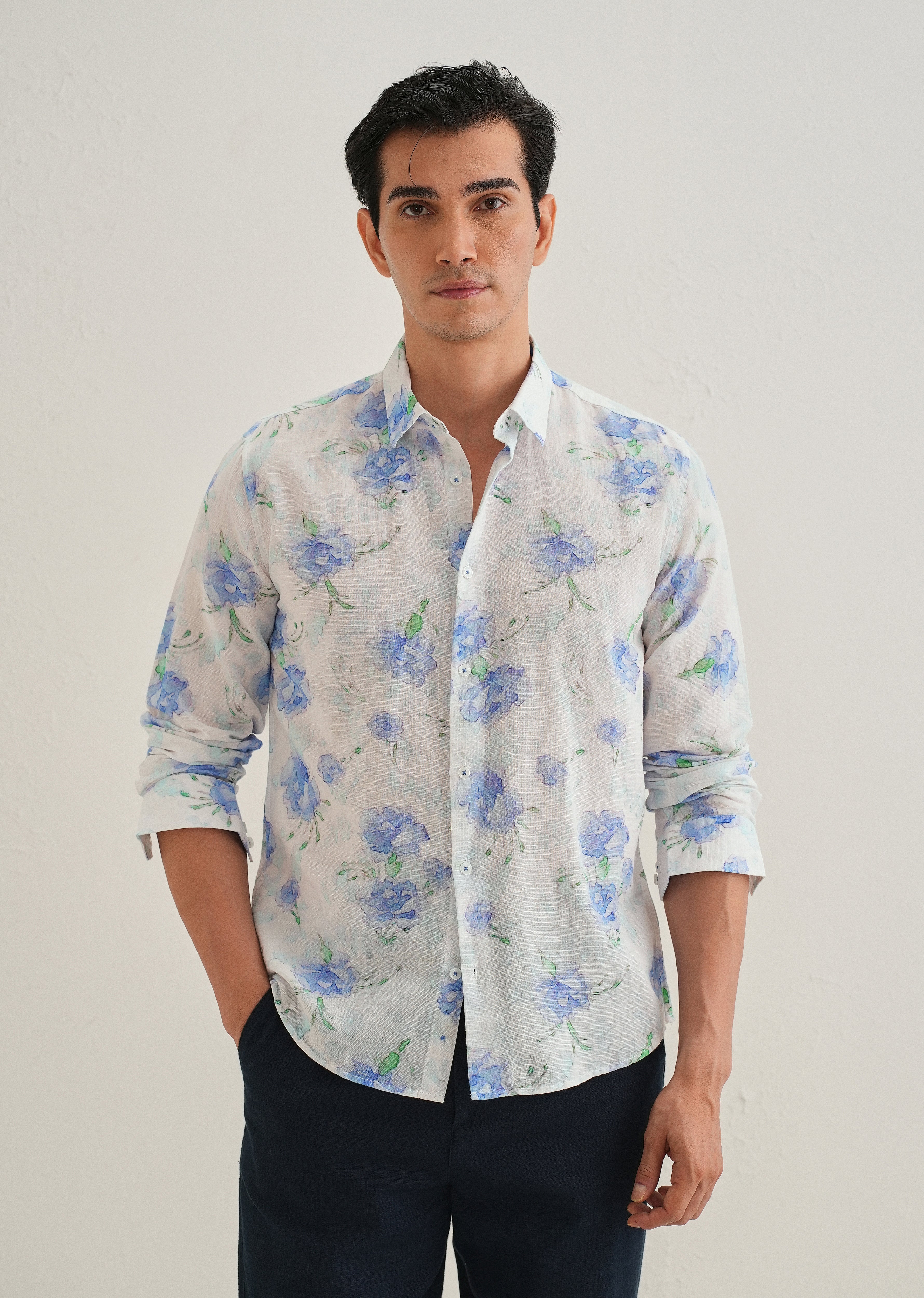 Blue Floral Printed Cotton Linen Shirt