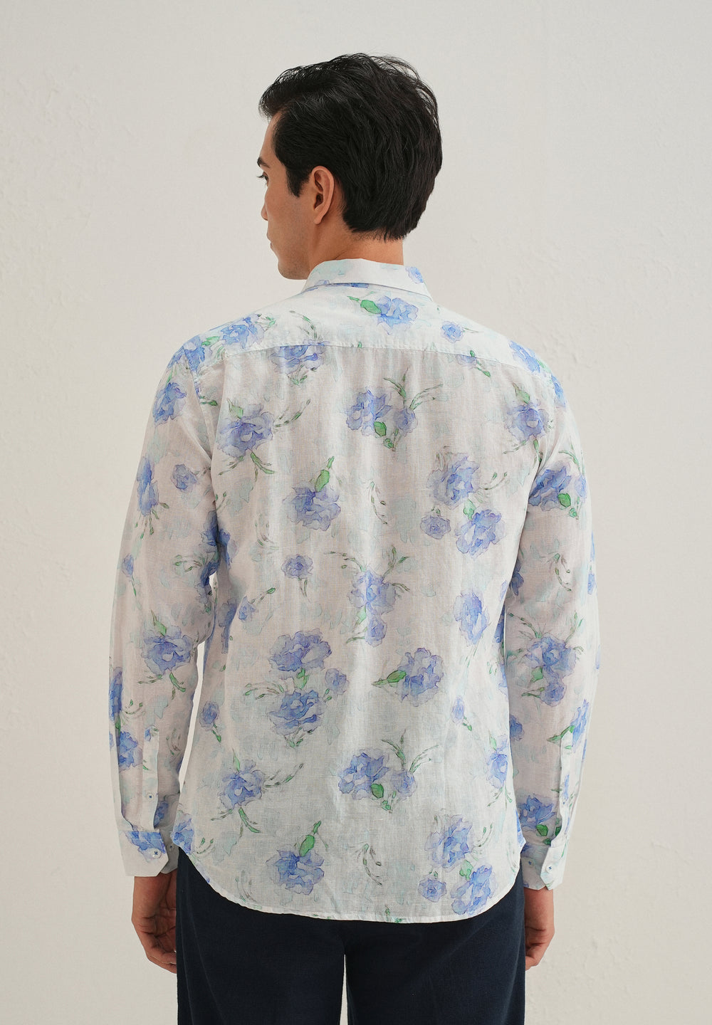 Blue Floral Printed Cotton Linen Shirt