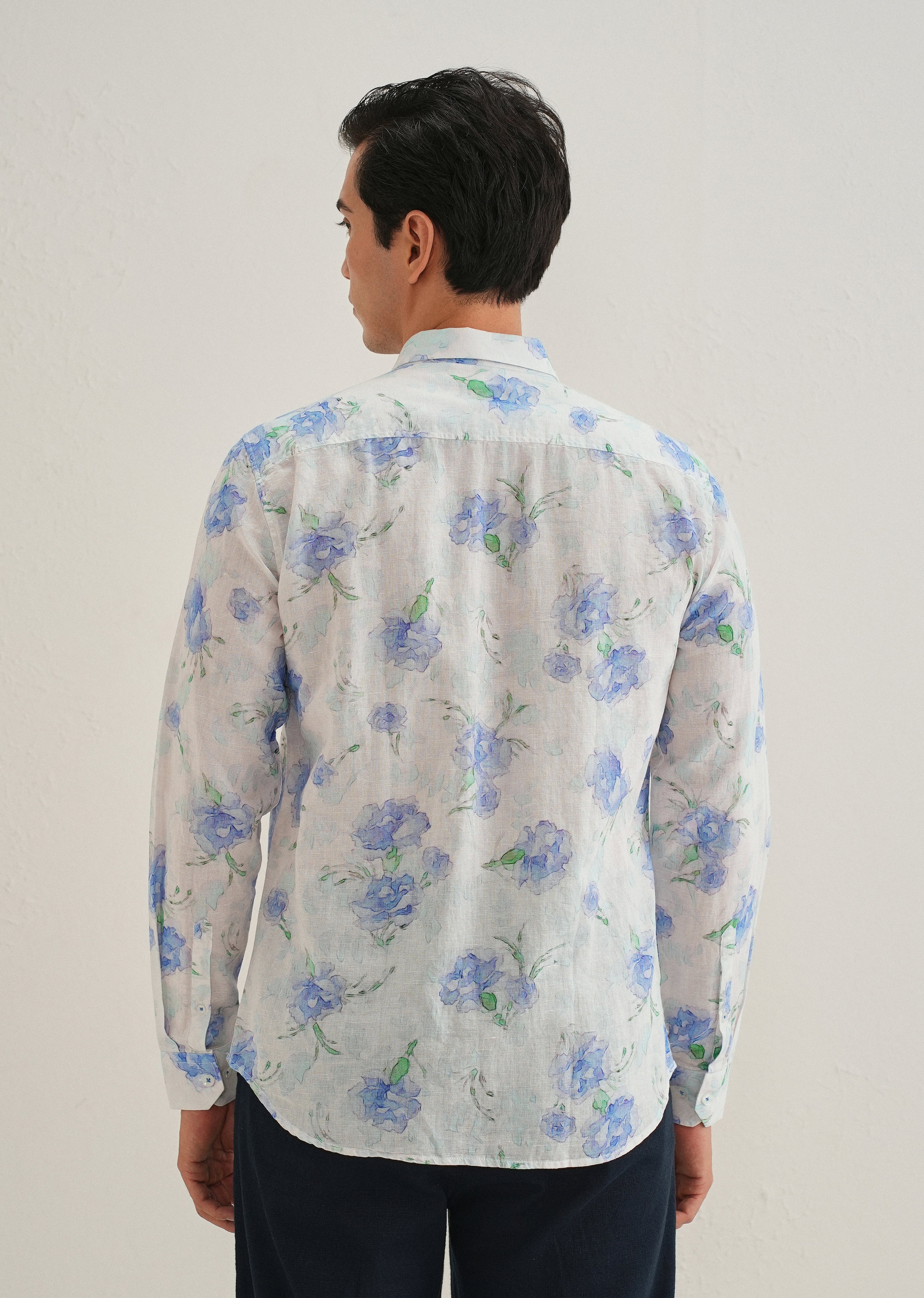 Blue Floral Printed Cotton Linen Shirt