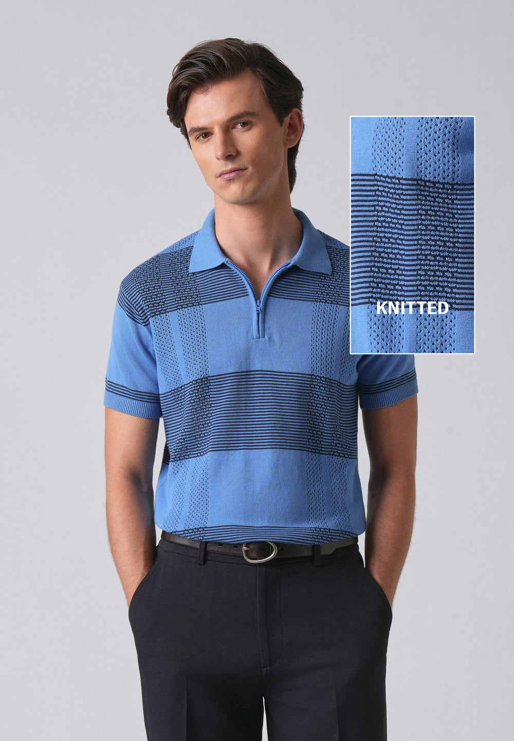 Blue Knitted Polo Zipper T-shirt
