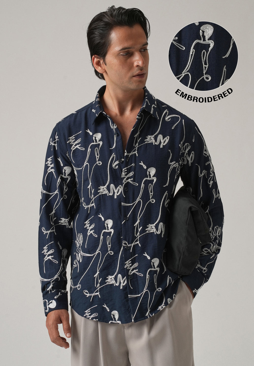 Blue Line Art Embroidery Shirt