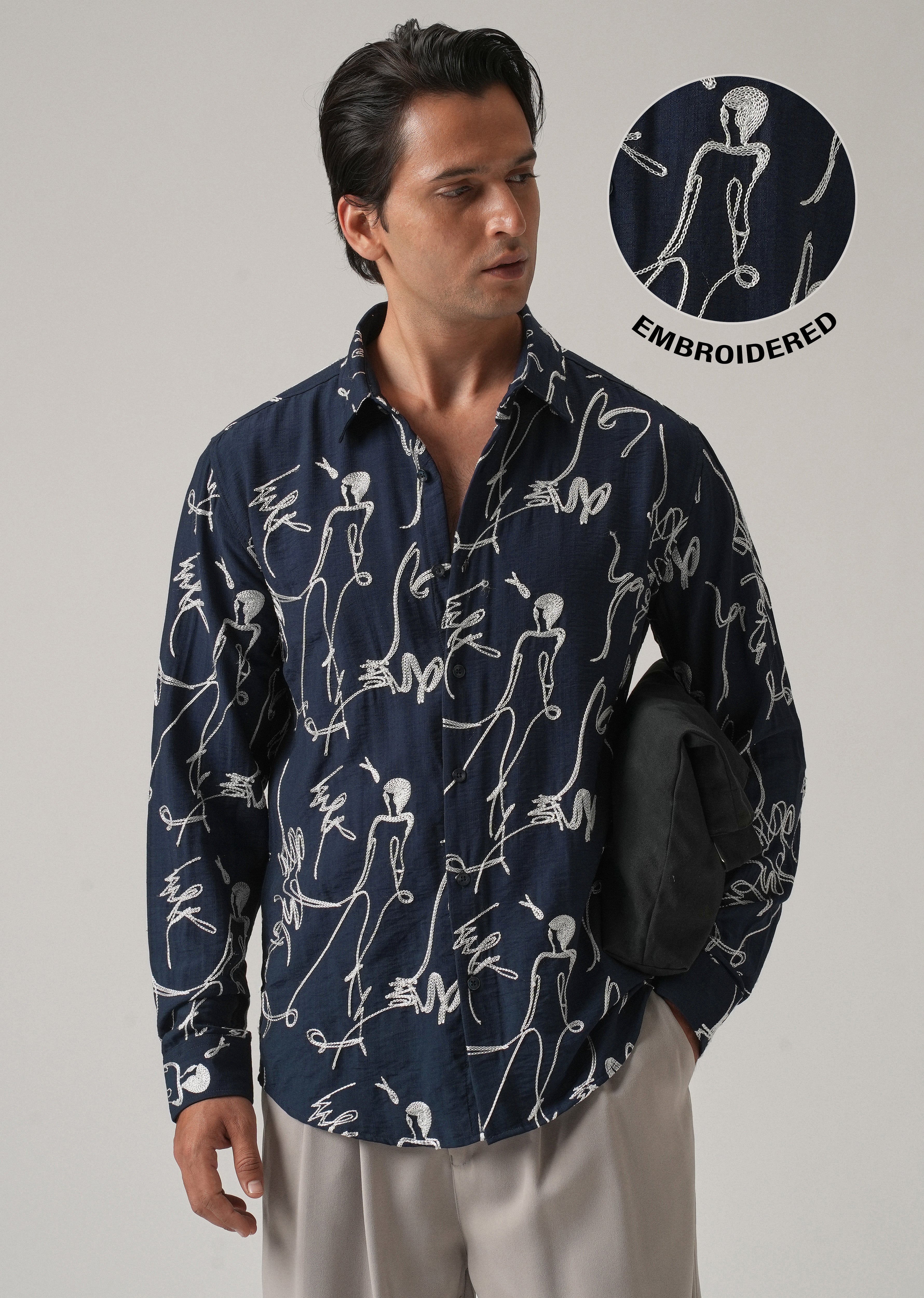 Blue Line Art Embroidery Shirt
