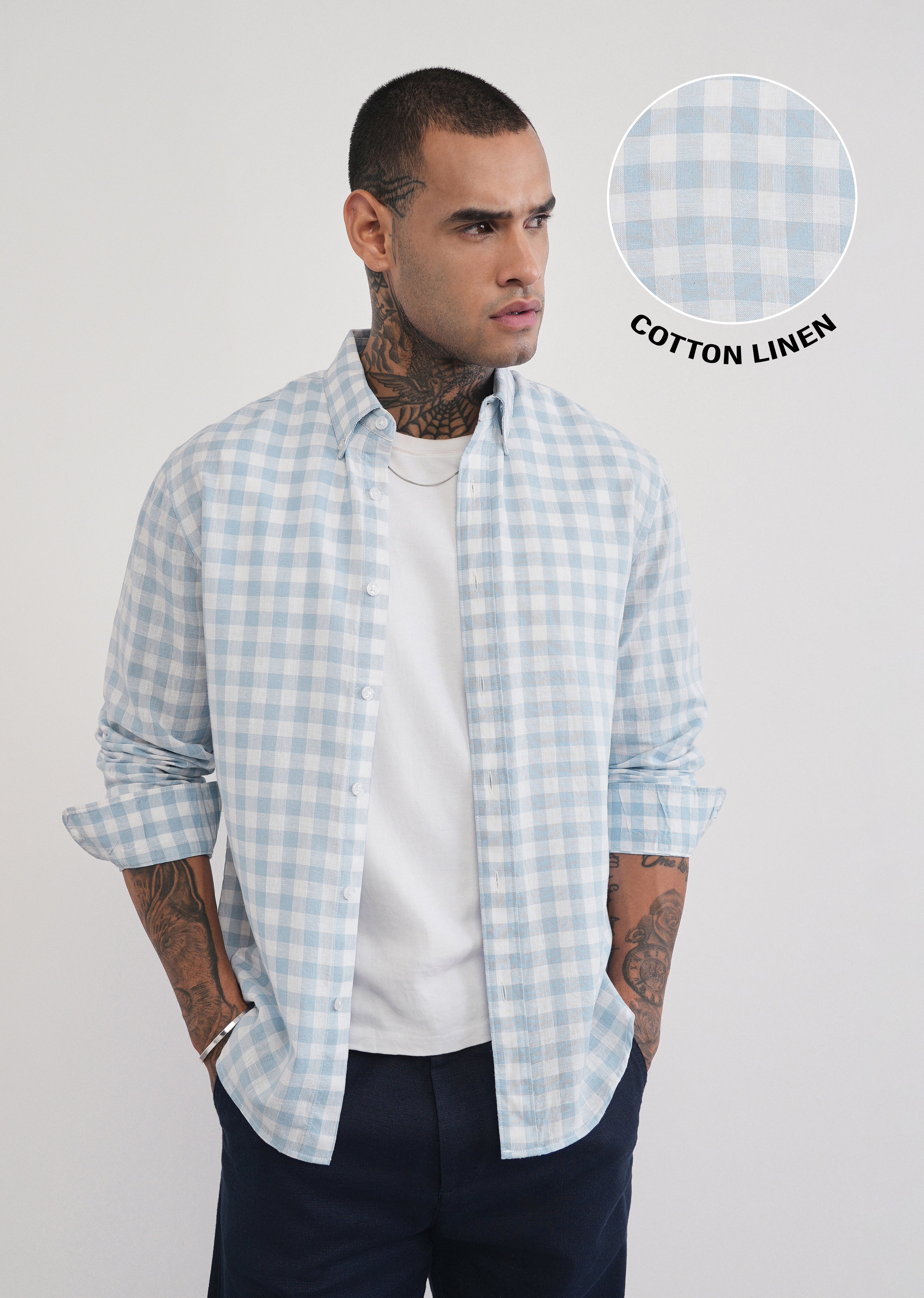 Blue Lyocell Linen Blend Check Shirt