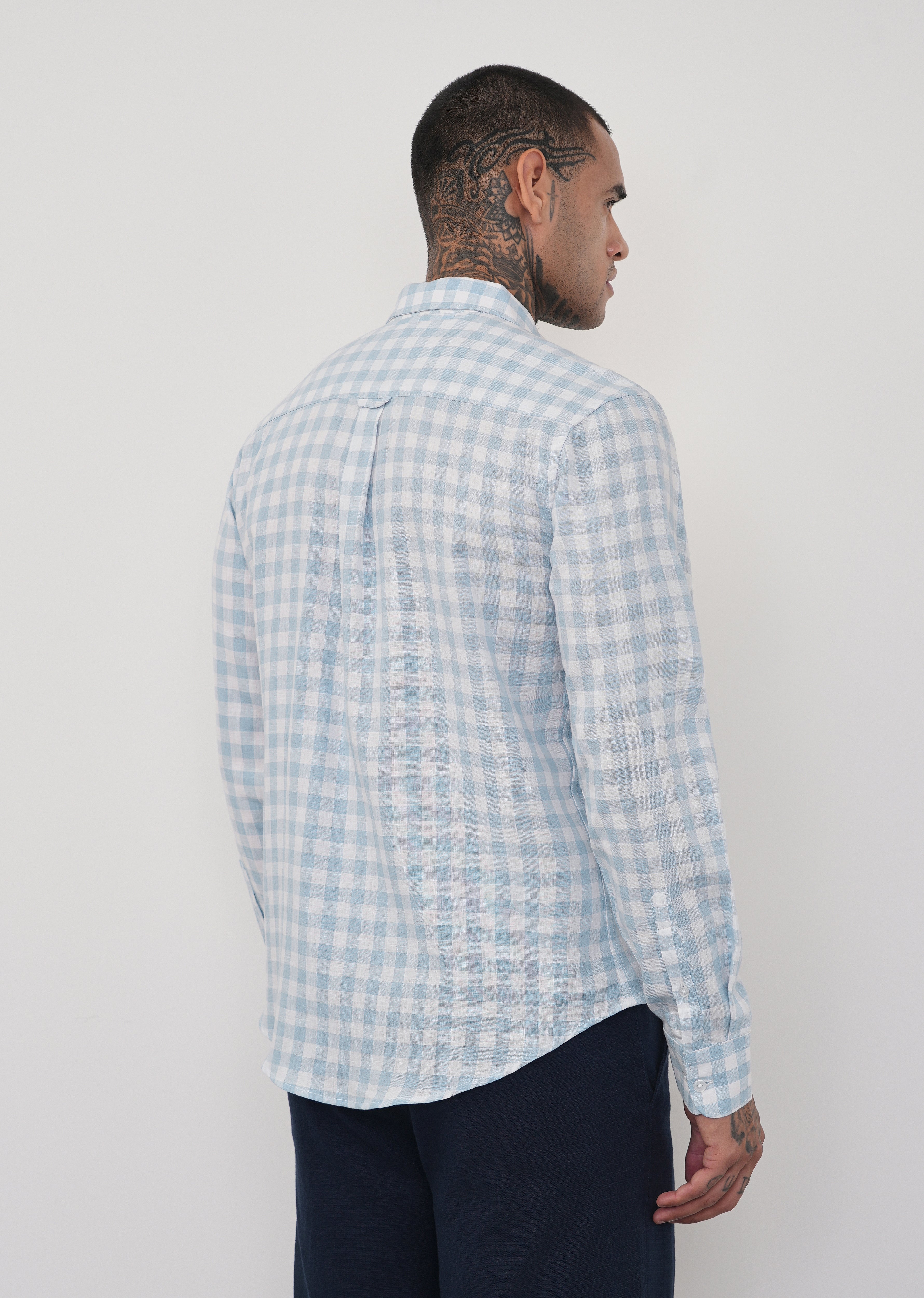 Blue Lyocell Linen Blend Check Shirt