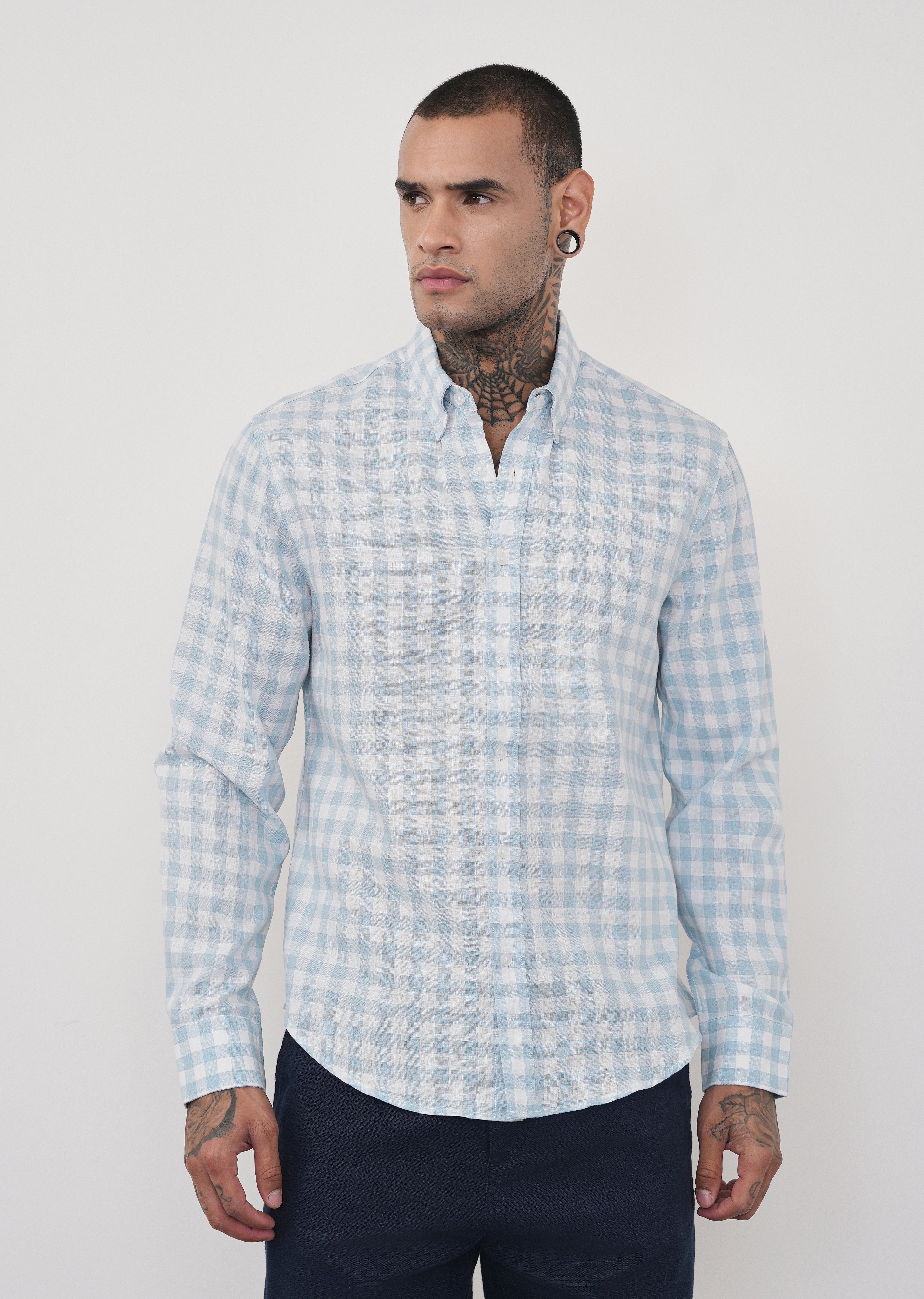 Blue Lyocell Linen Blend Check Shirt