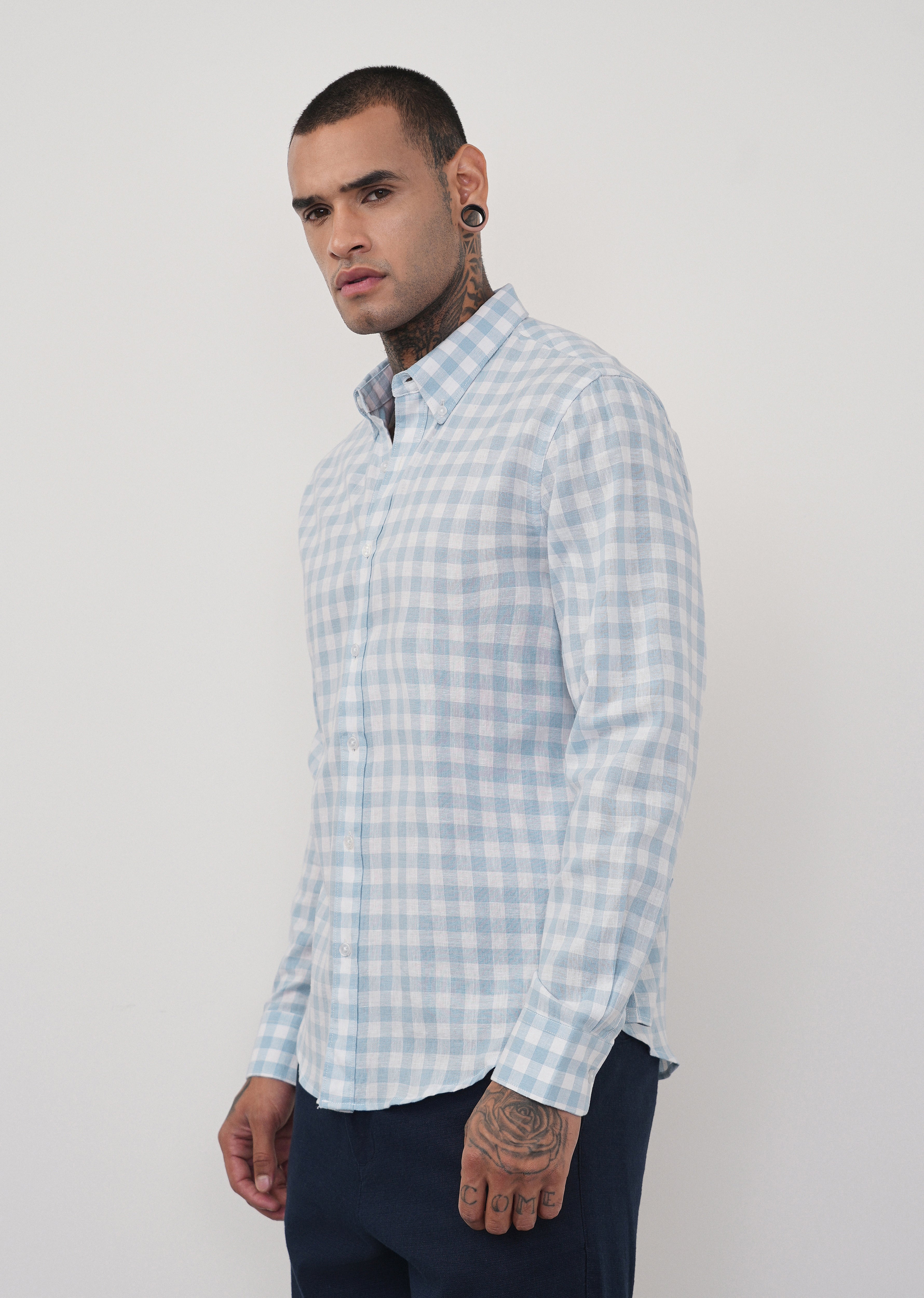 Blue Lyocell Linen Blend Check Shirt