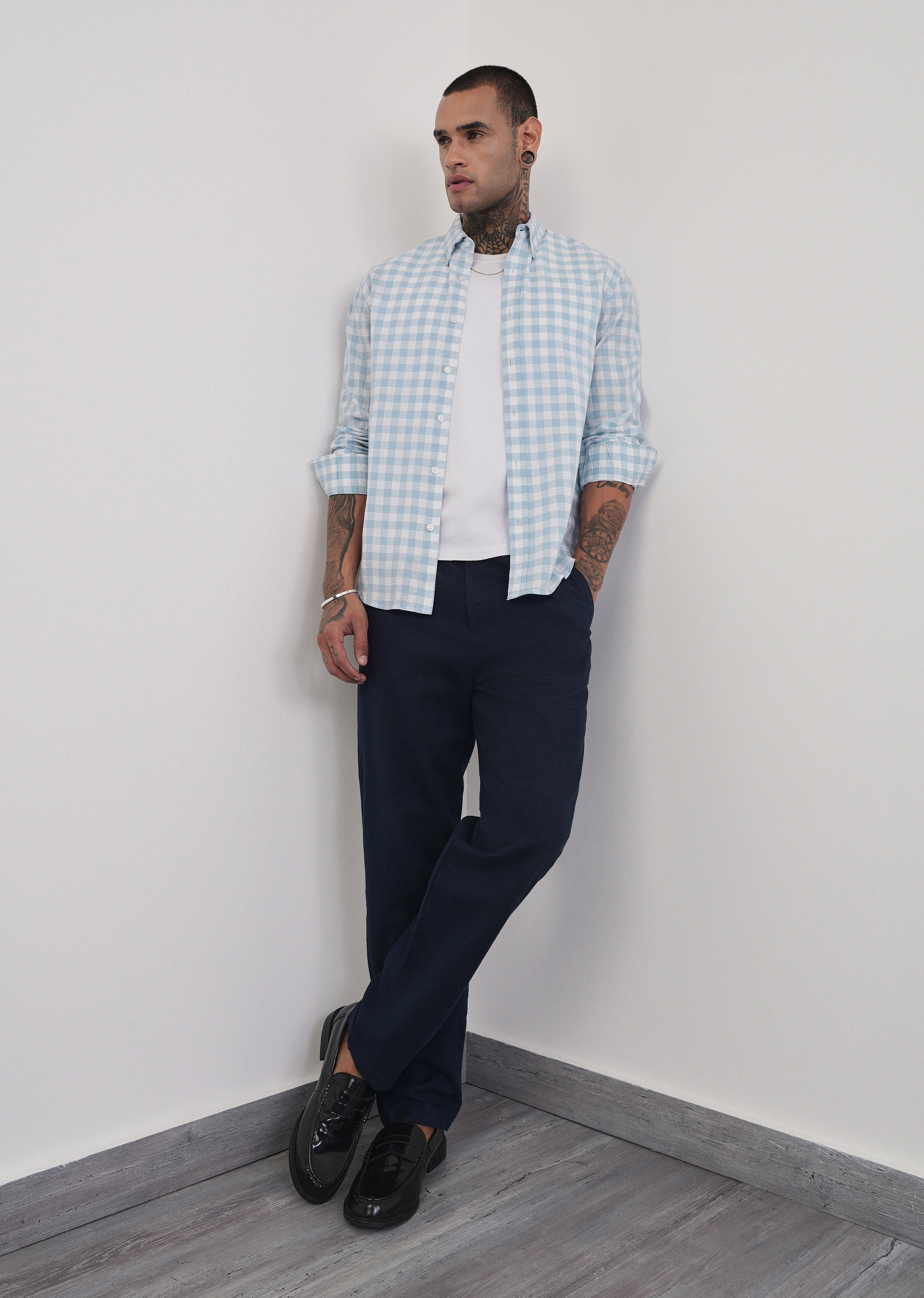 Blue Lyocell Linen Blend Check Shirt