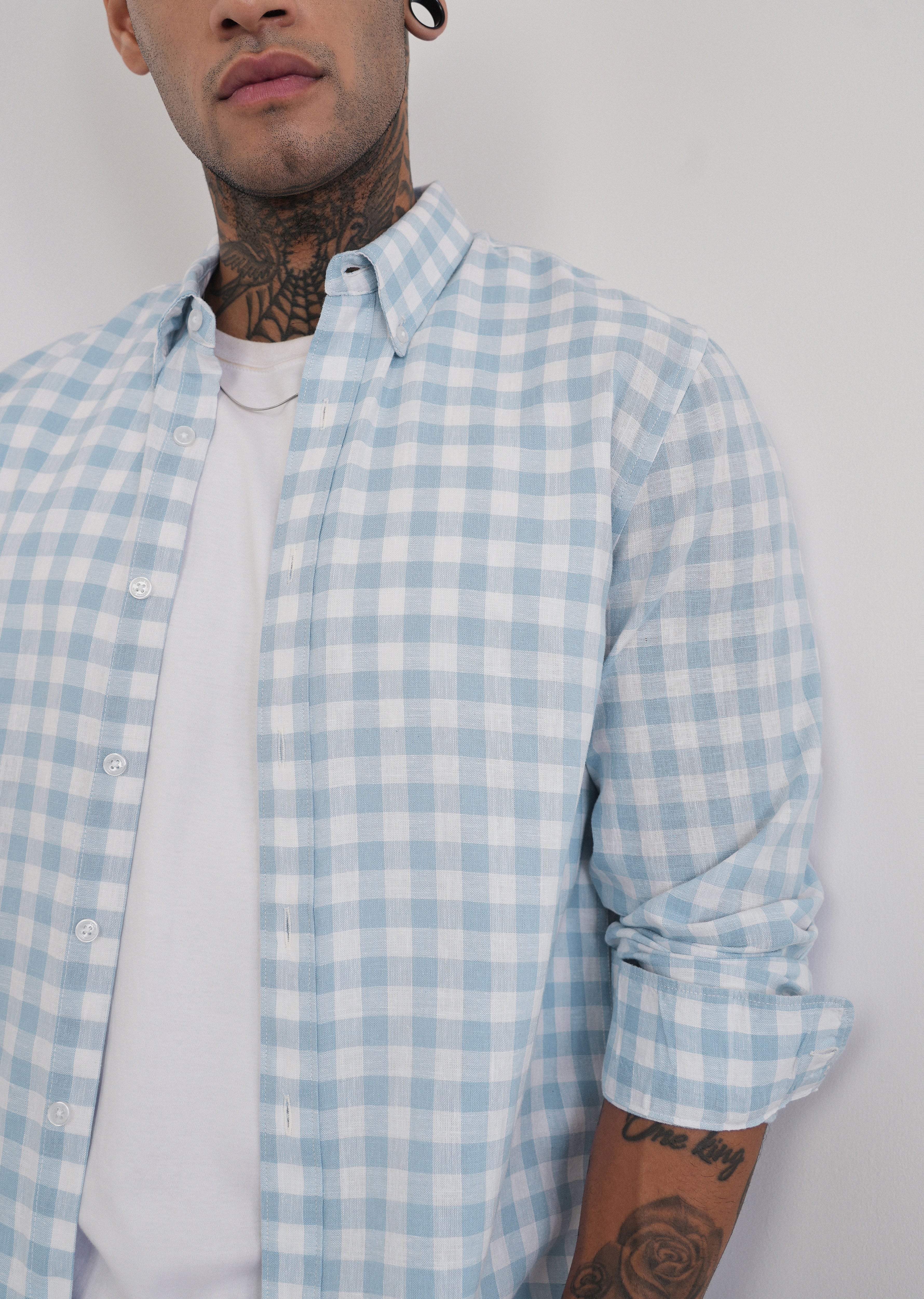 Blue Lyocell Linen Blend Check Shirt