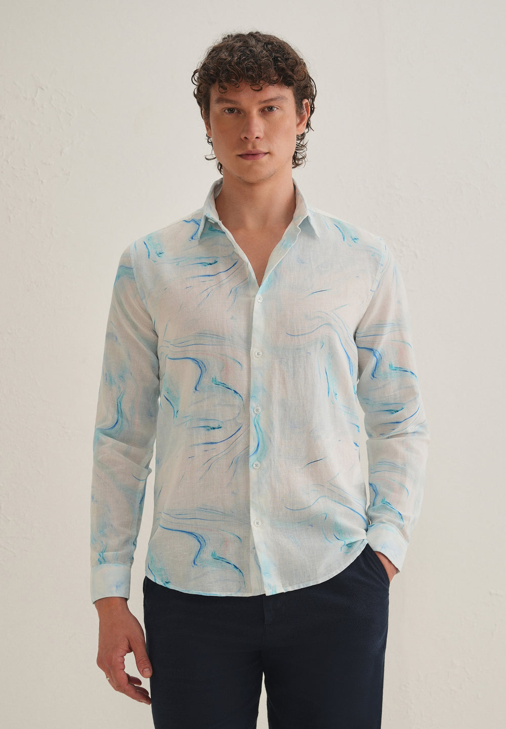 Blue Marble Printed Cotton Linen Shirt